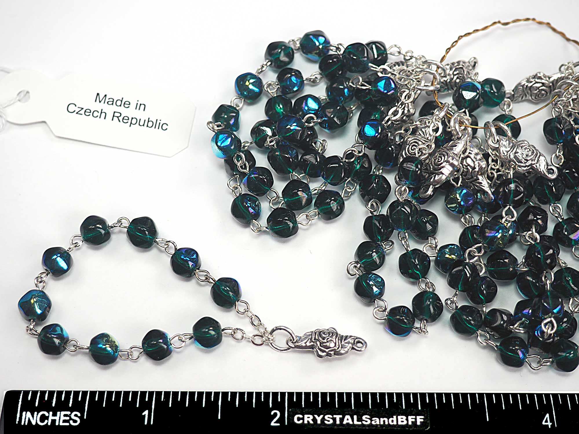 Rosary Chain - Finger Auto Rosary chain with Centerpiece, 6mm Druk Emerald AB coated Beads, Silver Plated, P576