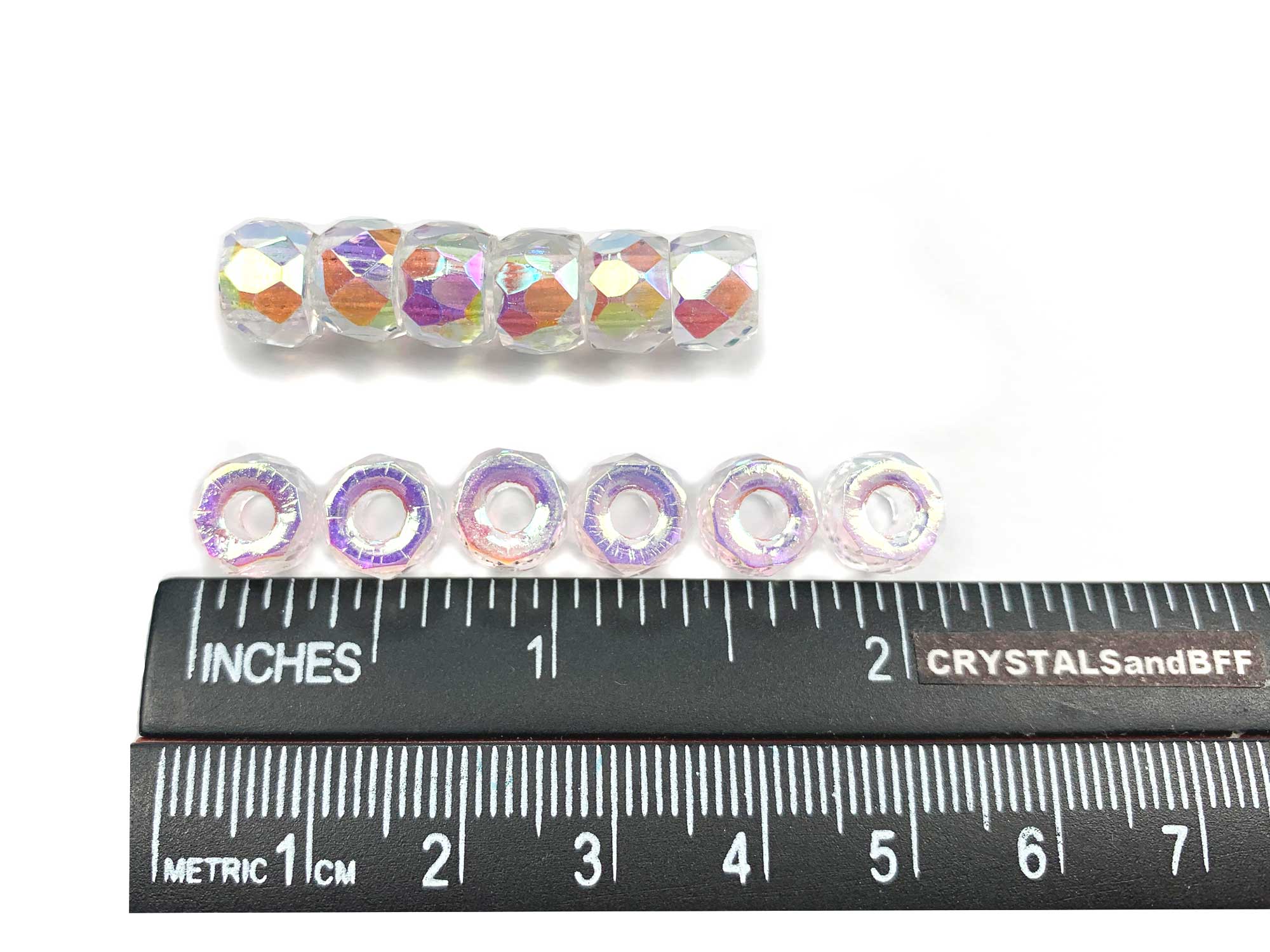 Czech Glass LARGE HOLE Tire Spacer Faceted Fire Polished Beads 9mm Crystal AB coated 40 pieces P579