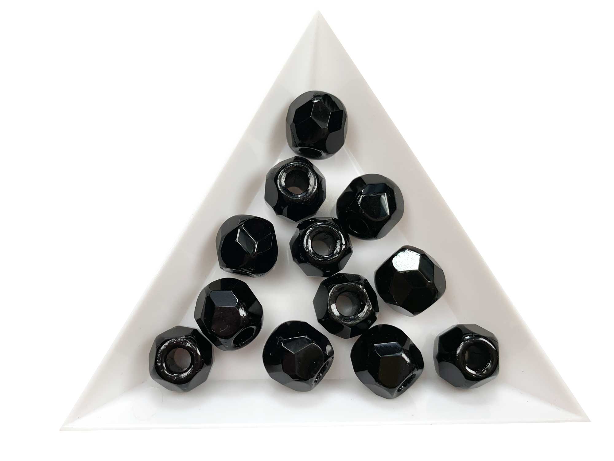 Czech Glass LARGE HOLE Round Helix Faceted Fire Polished Beads 10mm (10x9mm) Jet black, 12 pieces, P589