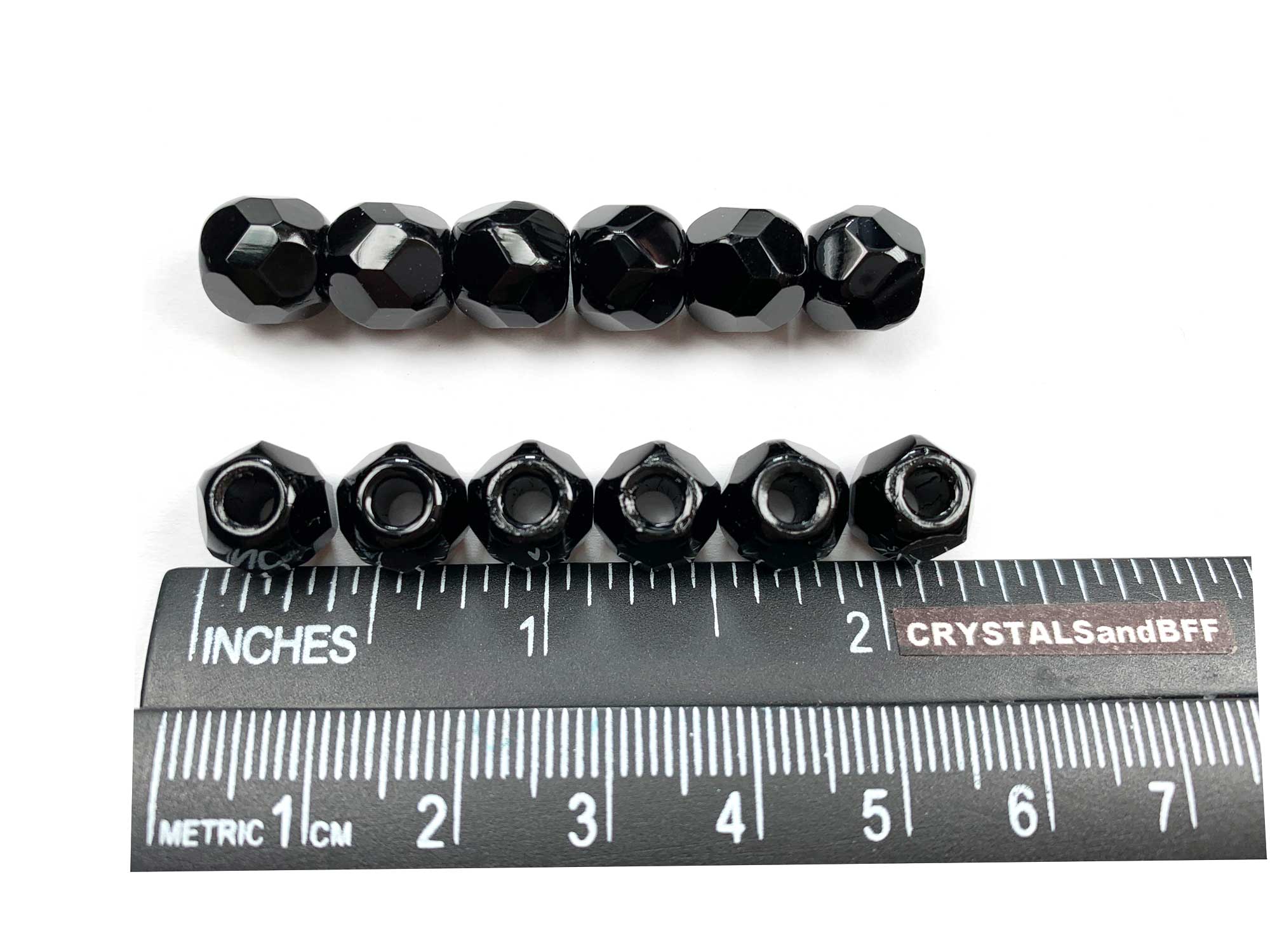 Czech Glass LARGE HOLE Round Helix Faceted Fire Polished Beads 10mm (10x9mm) Jet black, 12 pieces, P589