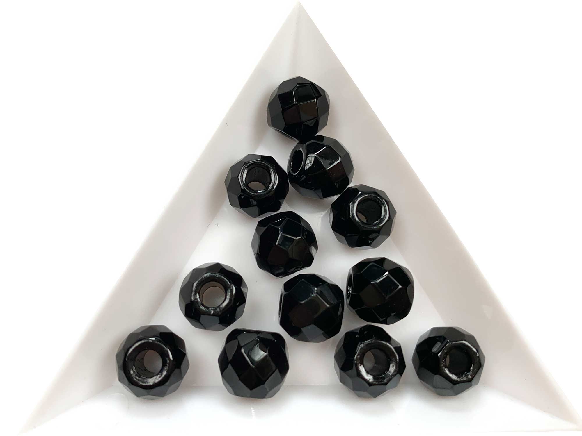 Czech Glass LARGE HOLE Faceted Fire Polished Beads 10mm (9.5x8.5mm) Jet black, 12 pieces, P590