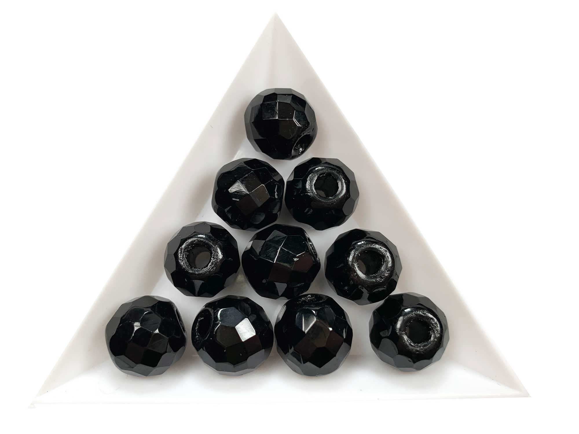 Czech Glass LARGE HOLE Faceted Fire Polished Beads 12mm (12x11mm) Jet black, 12 pieces, P591