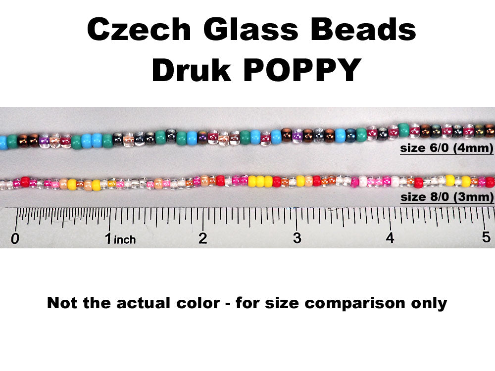 'Czech Round Smooth Pressed POPPY Glass Beads in California Dragon color, 2x3mm (size 8/0), 3x4mm (size 6/0) Druk Bead