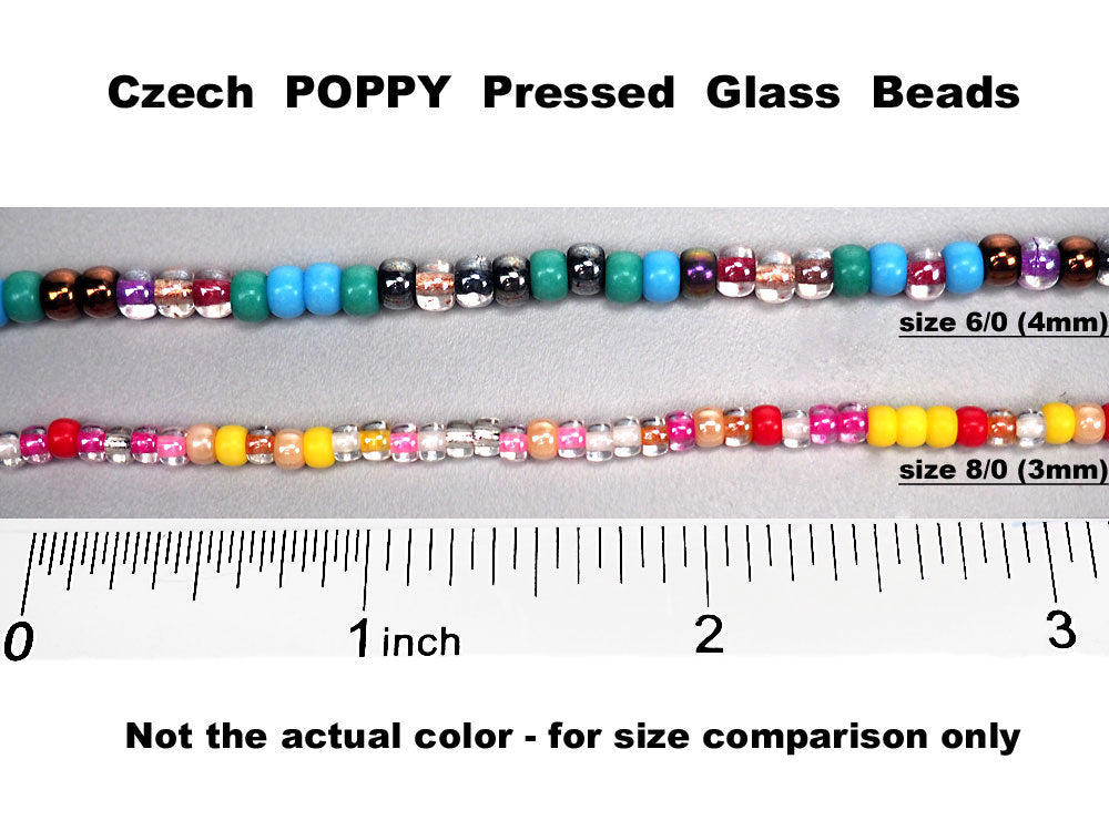 Czech Round Smooth Pressed POPPY Glass Beads in Jet Hematite color, 2x3mm  (size 8/0), 3x4mm (size 6/0) Druk Bead