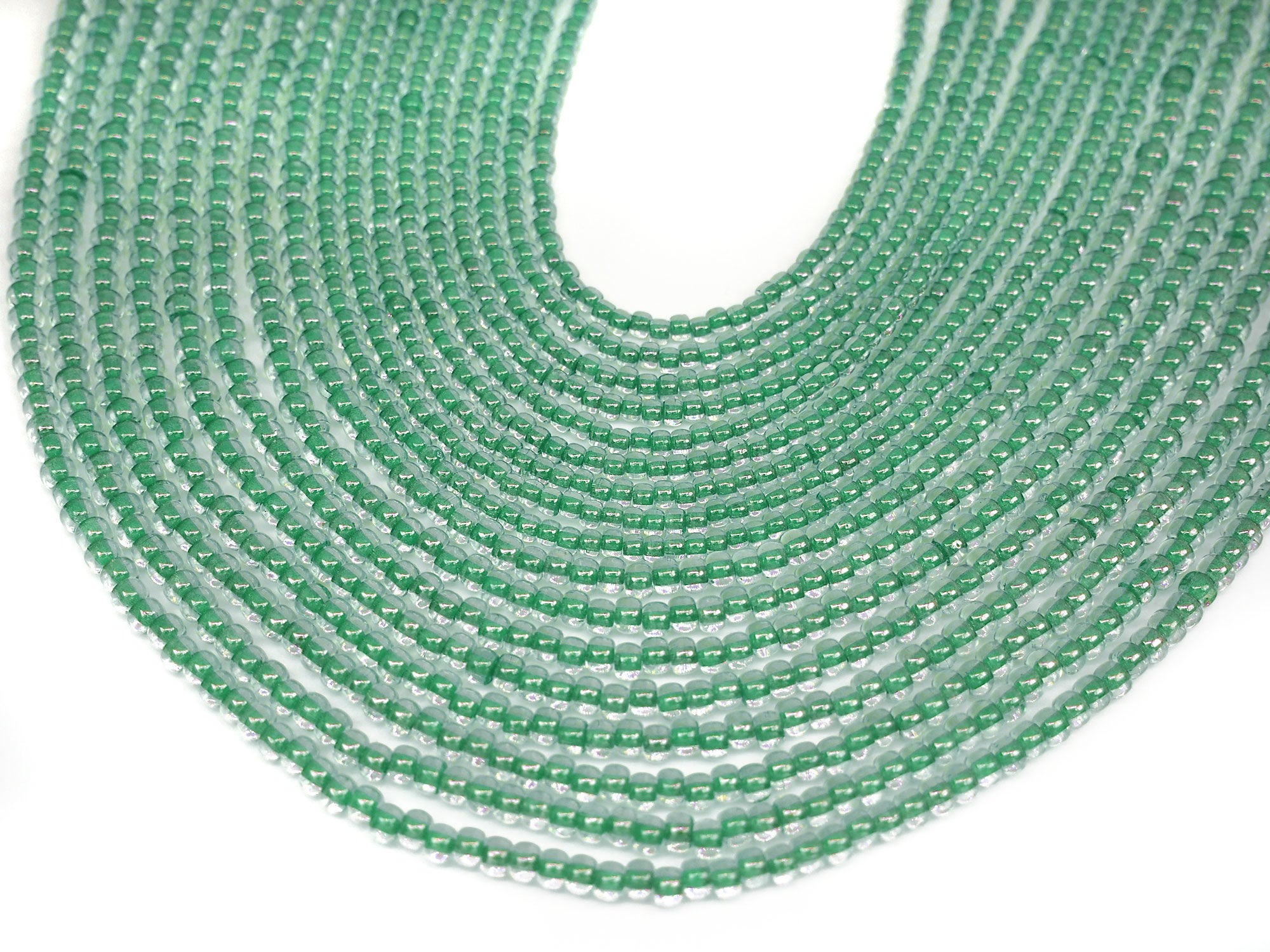 'Czech Round Smooth Pressed POPPY Glass Beads in Crystal Satin Green Lined color, 2x3mm (size 8/0), 3x4mm (size 6/0) Druk Bead