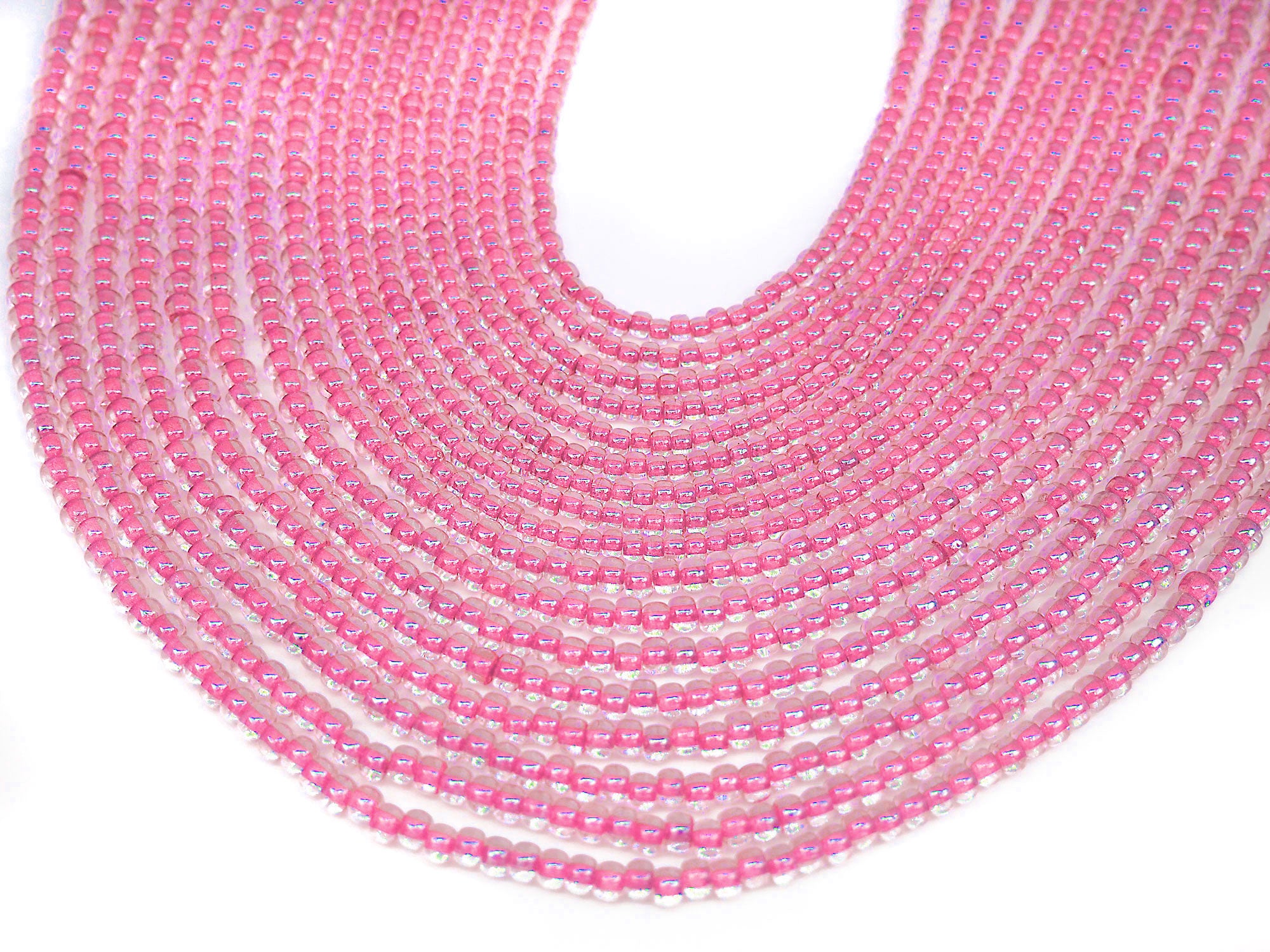 'Czech Round Smooth Pressed POPPY Glass Beads in Crystal Satin Light Pink Lined color, 2x3mm (size 8/0), 3x4mm (size 6/0) Druk Bead