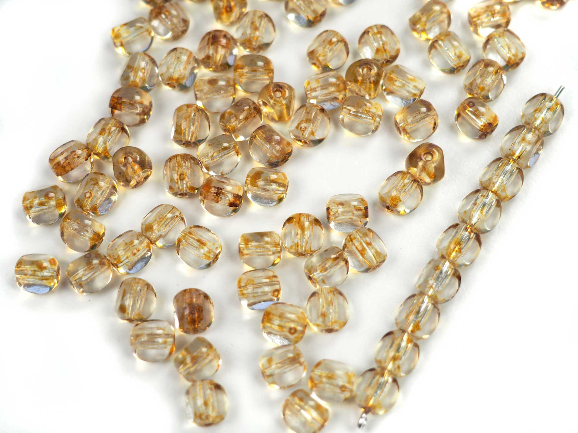 Czech Glass 3-Cut Round Window Beads (Soccer Ball Bead) Art. 151-19501 in size 6mm, Crystal Golden Picasso coating, 50pcs, P872