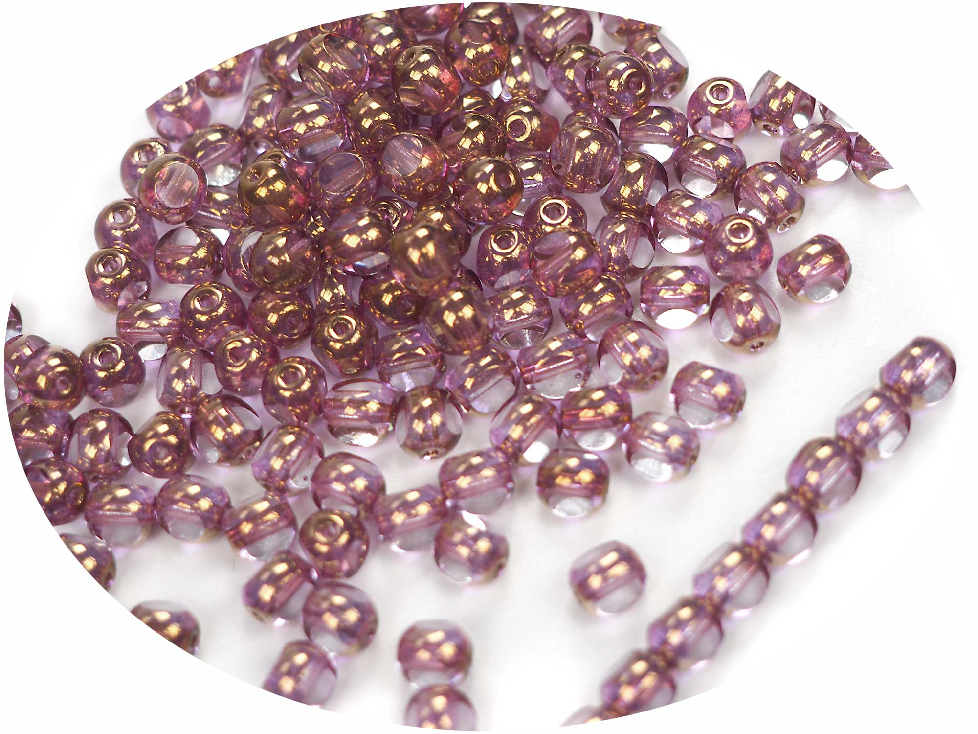 Czech Glass 3-Cut Round Window Beads (Soccer Ball Bead) Art. 151-19501 in size 6mm, Crystal Pink Bronze Picasso coating, 50pcs, P873
