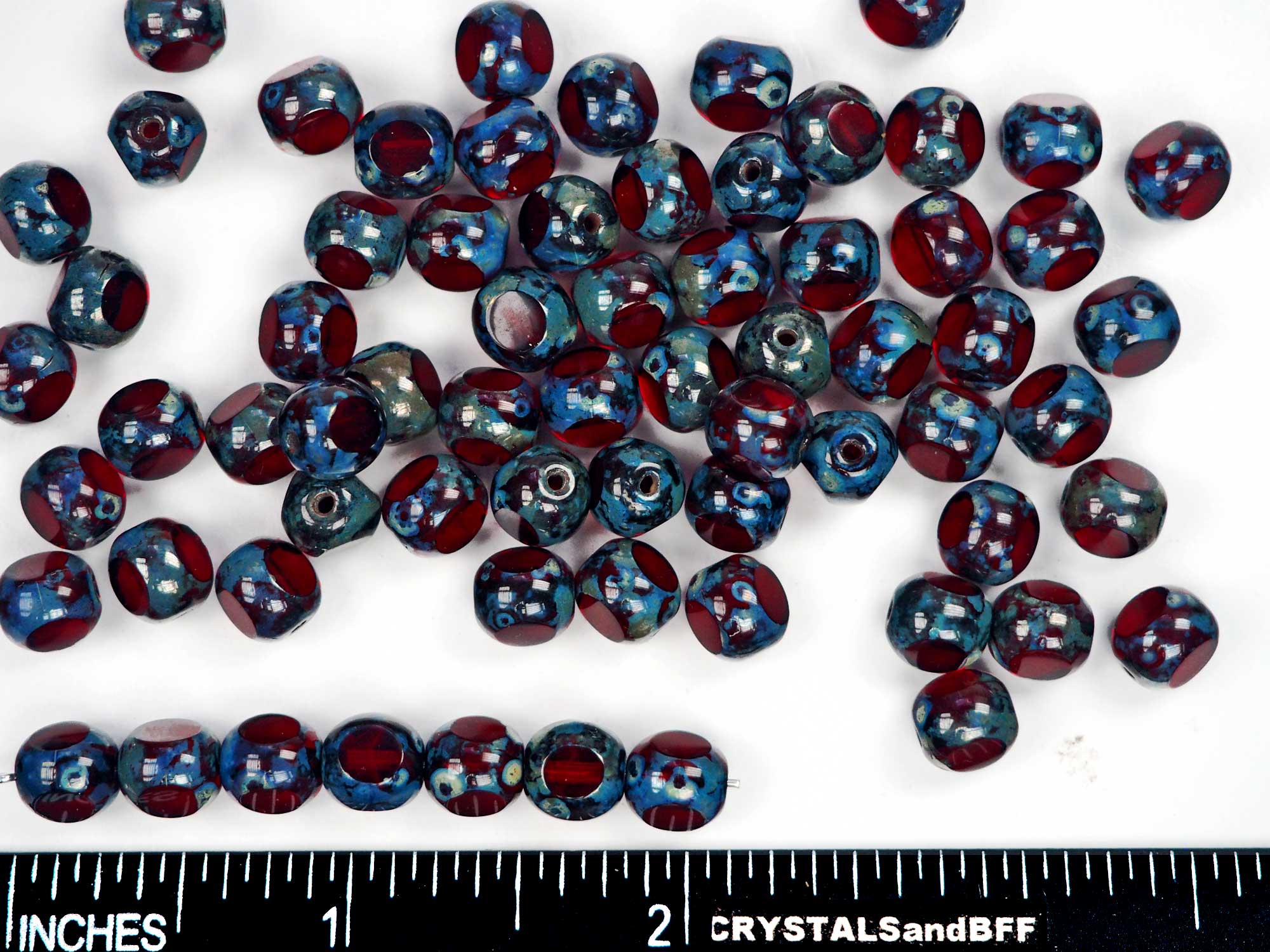 Czech Glass 3-Cut Round Window Beads (Soccer Ball Bead) Art. 151-19501 in size 8mm, Siam red Picasso coated, 36pcs, P877