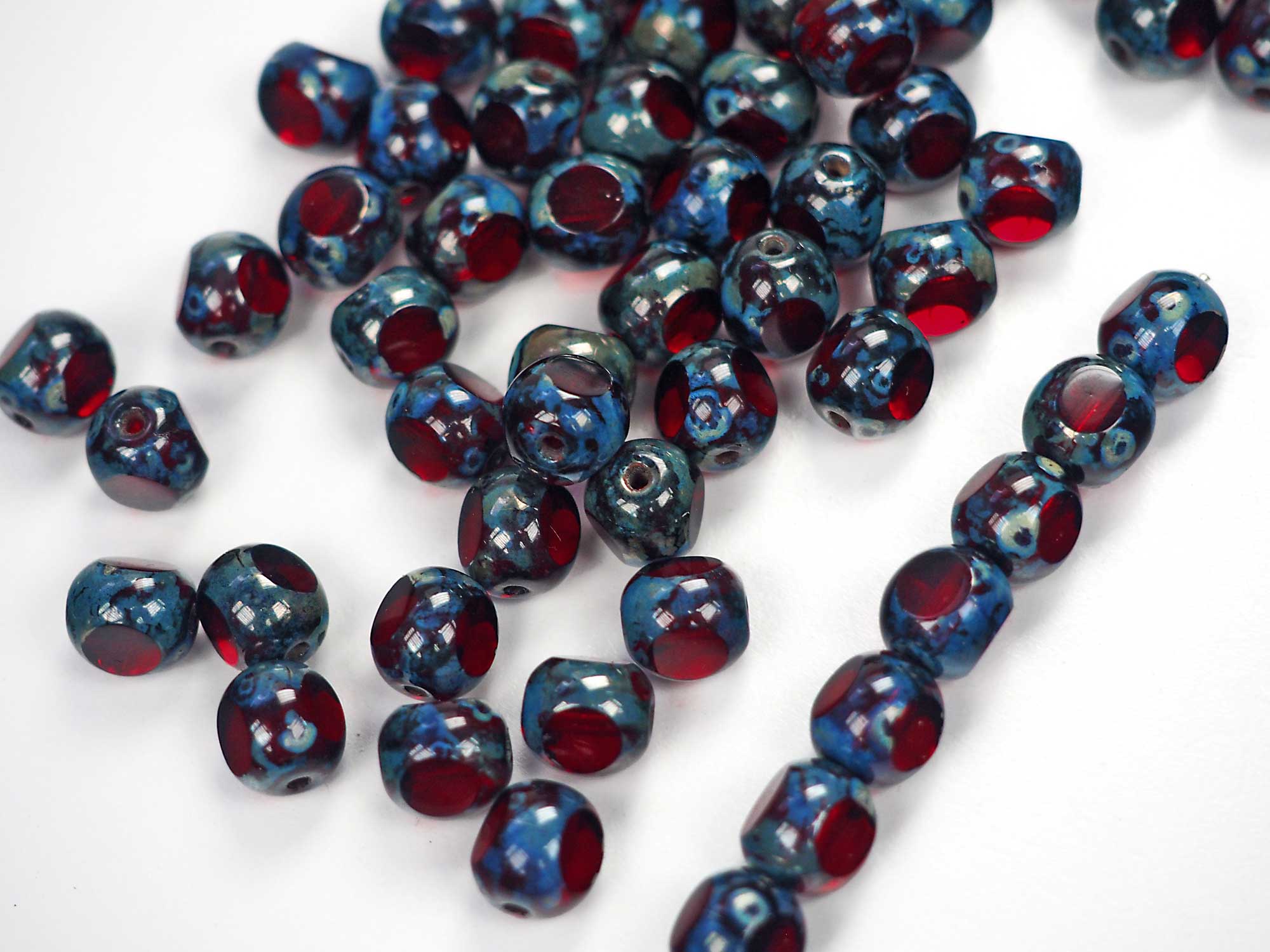 Czech Glass 3-Cut Round Window Beads (Soccer Ball Bead) Art. 151-19501 in size 8mm, Siam red Picasso coated, 36pcs, P877