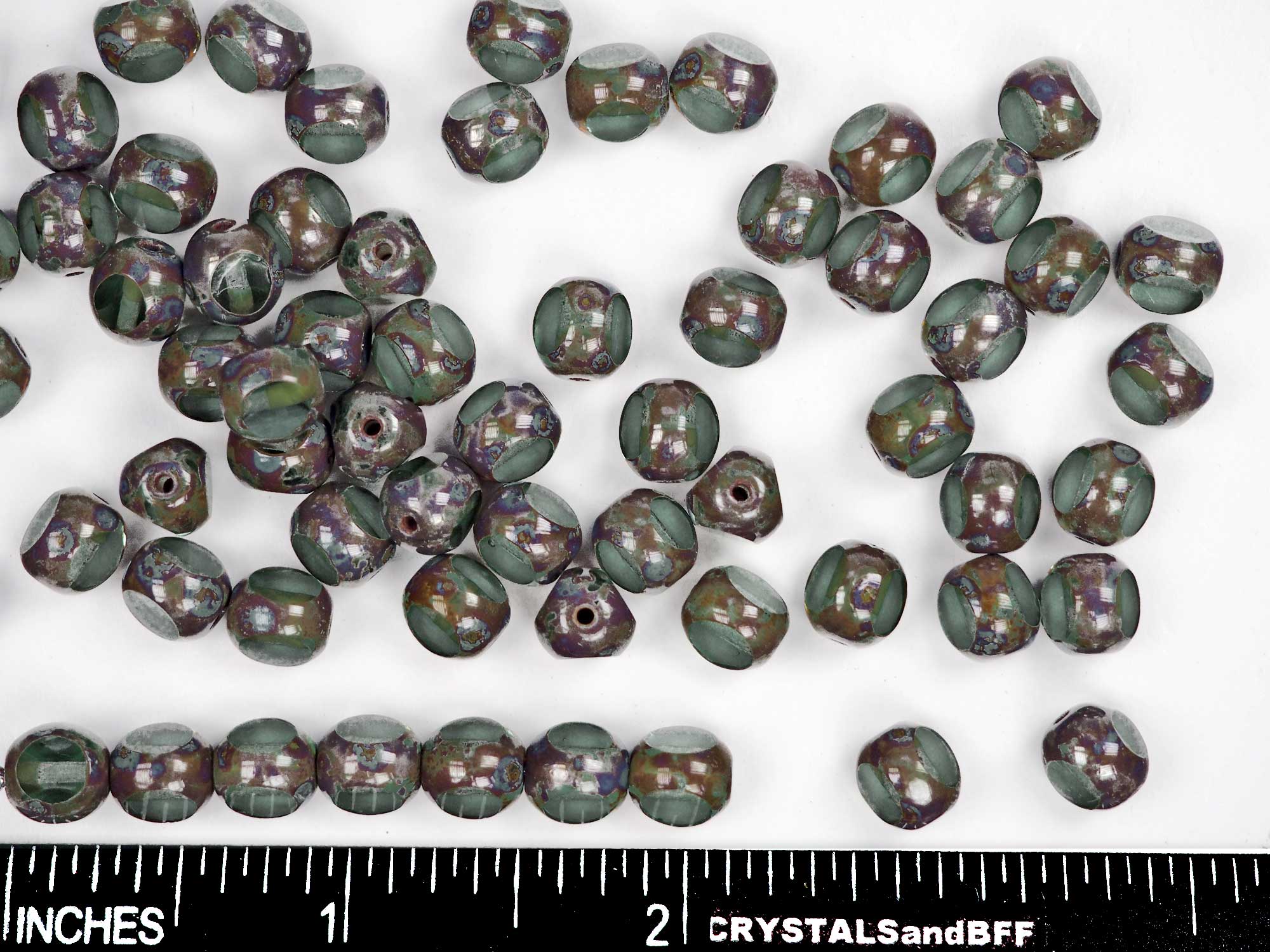 Czech Glass 3-Cut Round Window Beads (Soccer Ball Bead) Art. 151-19501 in size 8mm, Light Green Picasso coated, 36pcs, P878