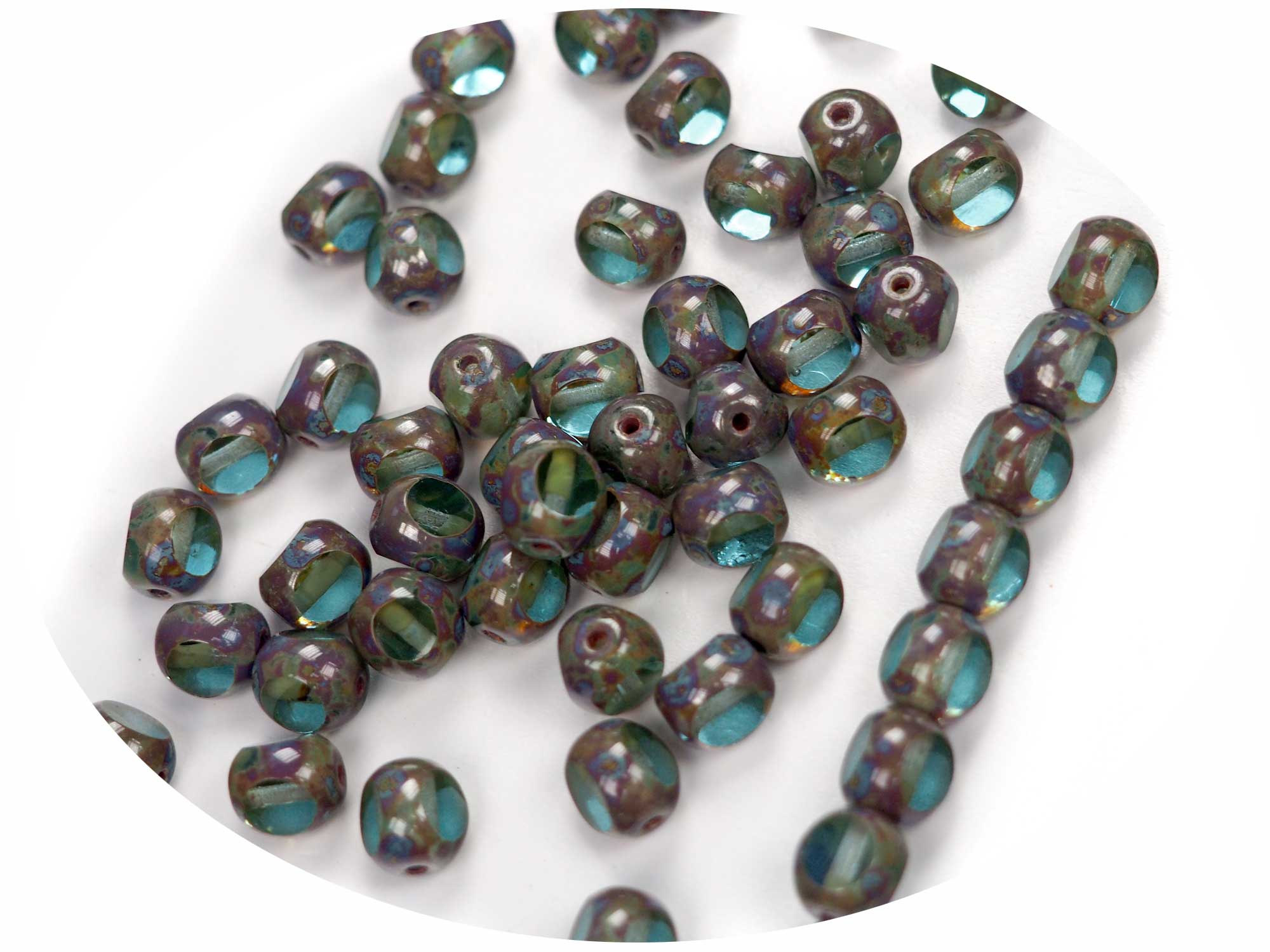 Czech Glass 3-Cut Round Window Beads (Soccer Ball Bead) Art. 151-19501 in size 8mm, Light Green Picasso coated, 36pcs, P878