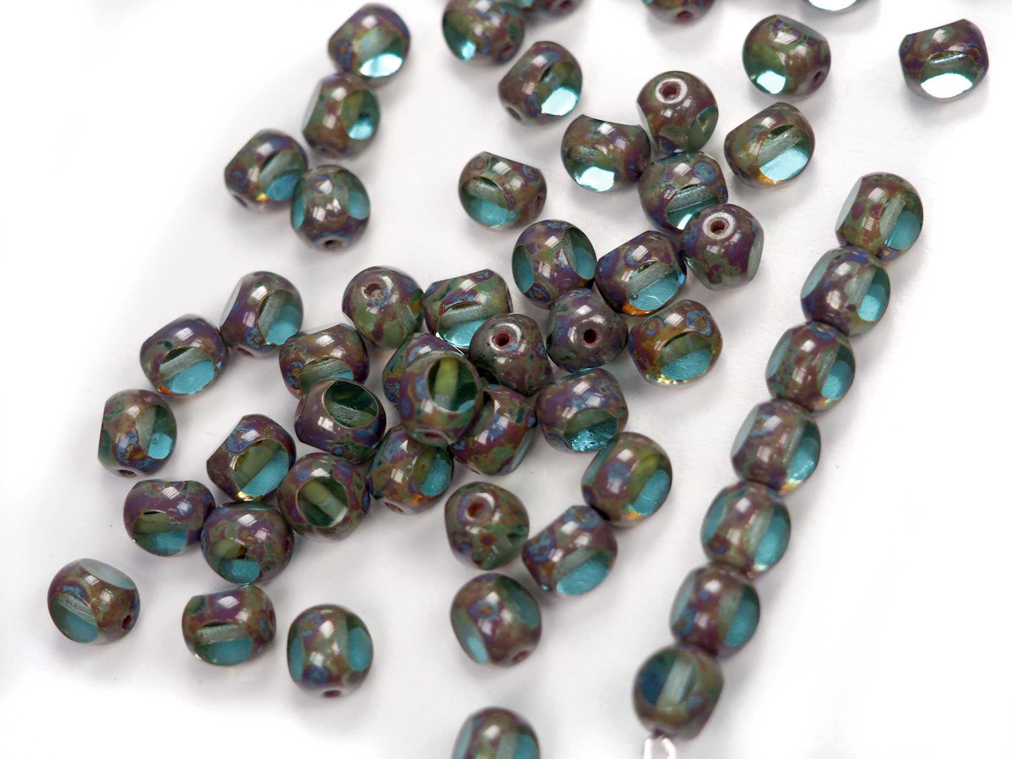 Czech Glass 3-Cut Round Window Beads (Soccer Ball Bead) Art. 151-19501 in size 8mm, Light Green Picasso coated, 36pcs, P878