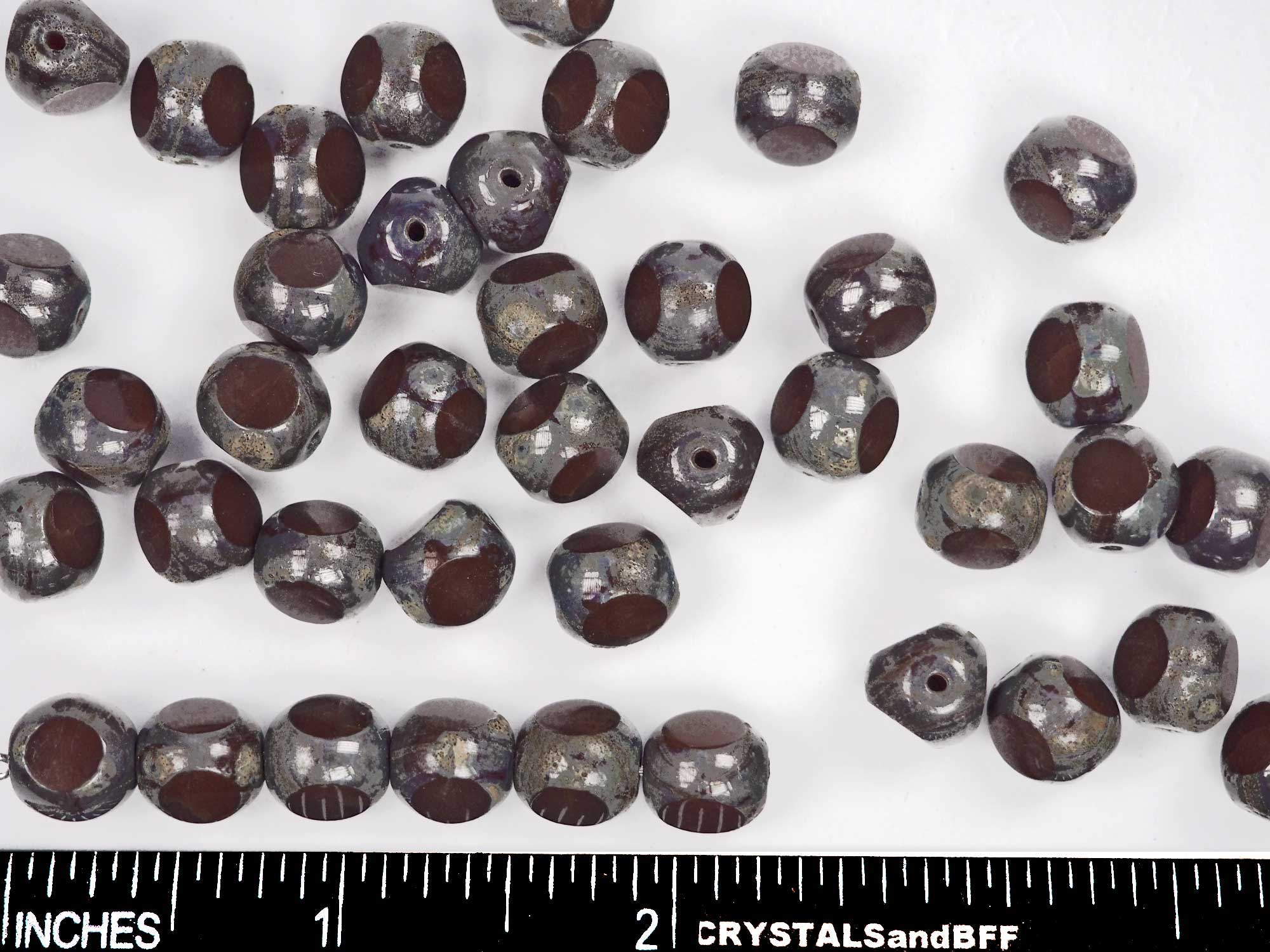 Czech Glass 3-Cut Round Window Beads (Soccer Ball Bead) Art. 151-19501 in size 10mm, Opaque Dark Brown with Picasso coating, 24pcs, P880