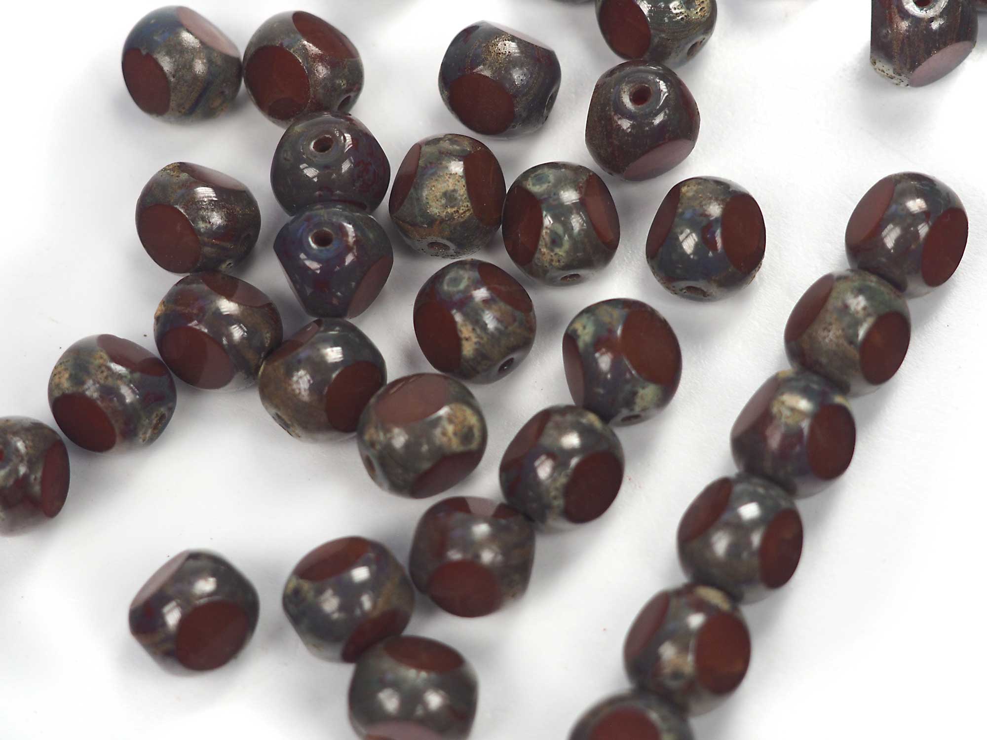 Czech Glass 3-Cut Round Window Beads (Soccer Ball Bead) Art. 151-19501 in size 10mm, Opaque Dark Brown with Picasso coating, 24pcs, P880