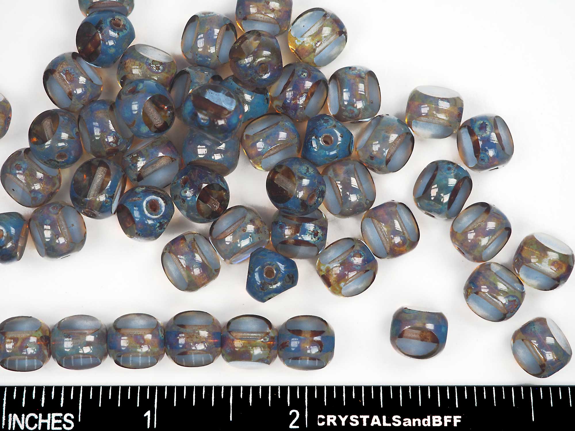 Czech Glass 3-Cut Round Window Beads (Soccer Ball Bead) Art. 151-19501 in size 10mm, Light Blue Picasso coating, 24pcs, P881