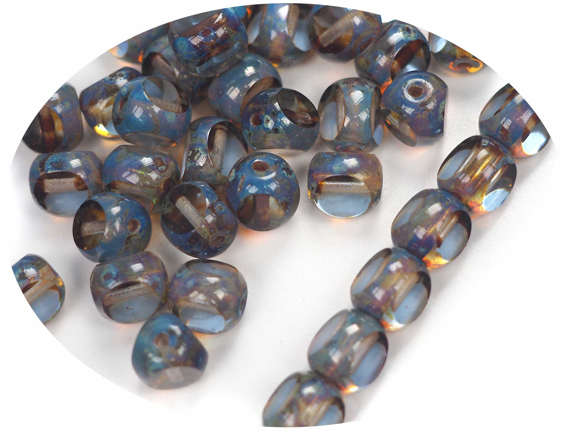 Czech Glass 3-Cut Round Window Beads (Soccer Ball Bead) Art. 151-19501 in size 10mm, Light Blue Picasso coating, 24pcs, P881