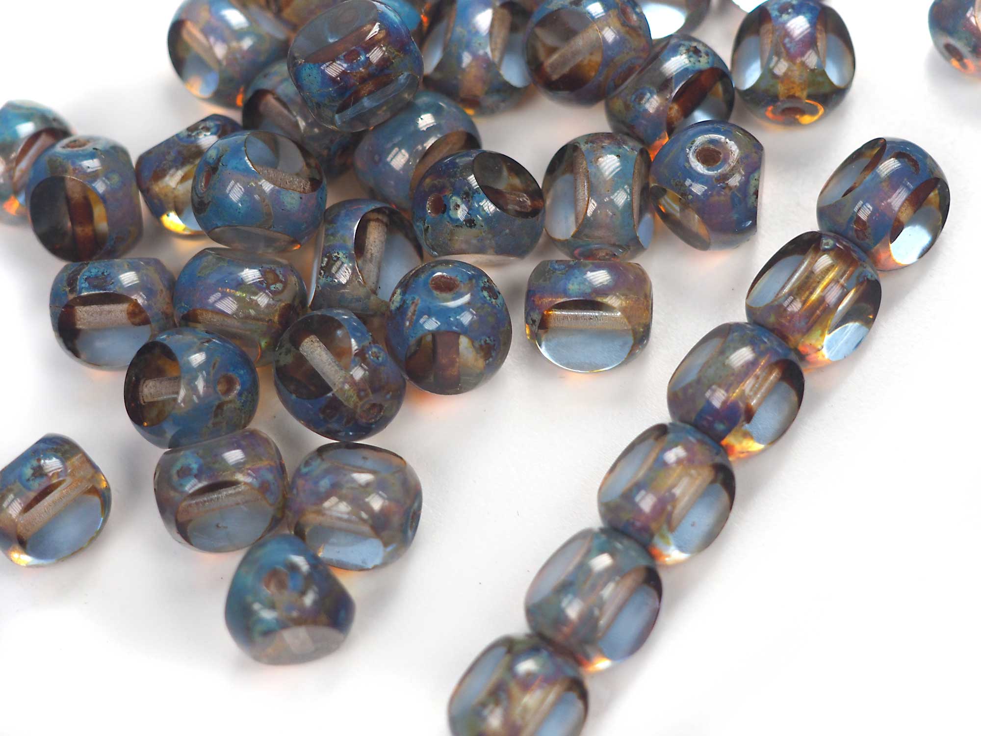 Czech Glass 3-Cut Round Window Beads (Soccer Ball Bead) Art. 151-19501 in size 10mm, Light Blue Picasso coating, 24pcs, P881