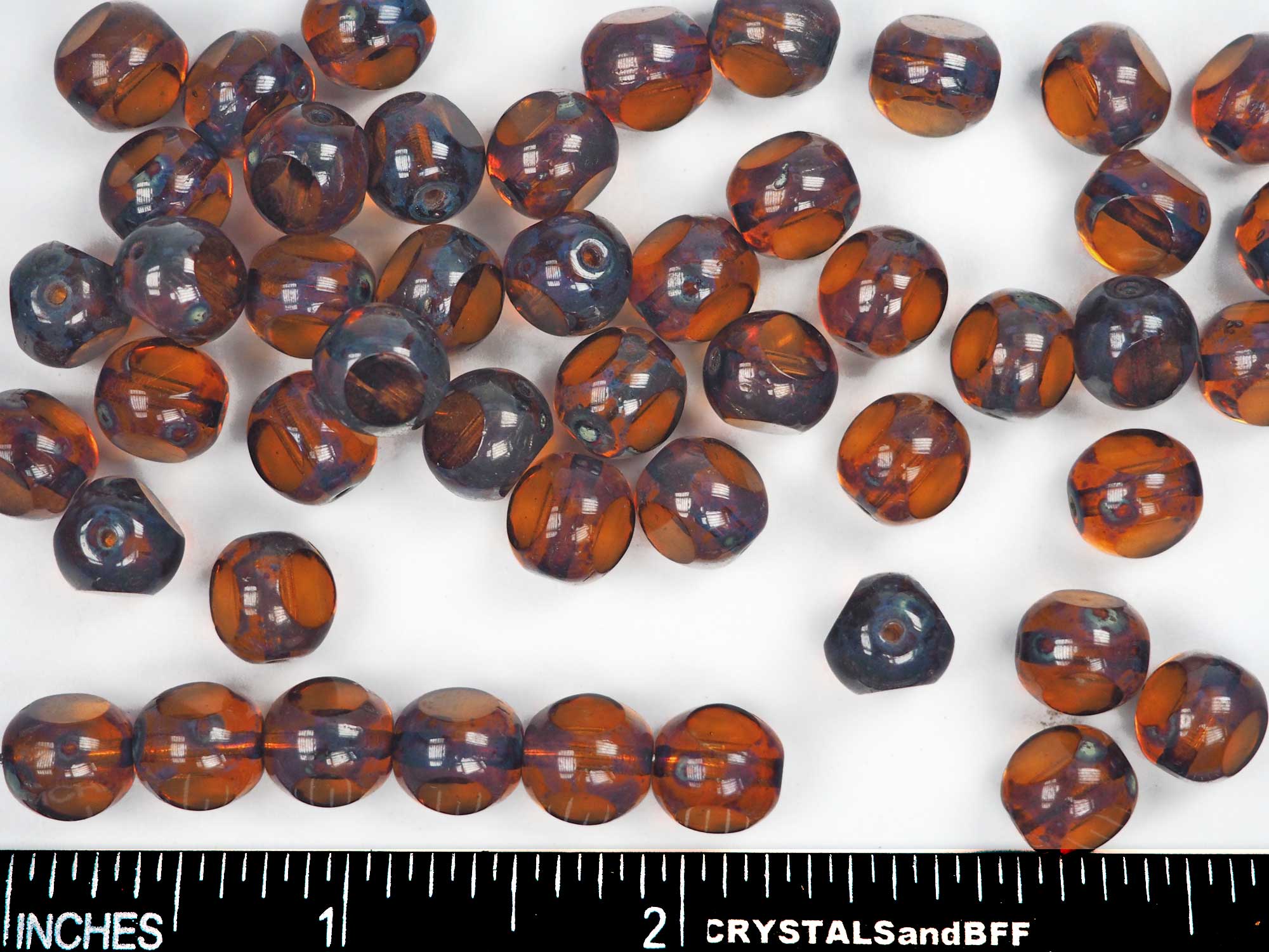 Czech Glass 3-Cut Round Window Beads (Soccer Ball Bead) Art. 151-19501 in size 10mm, Light Brown Picasso coating, 24pcs, P883