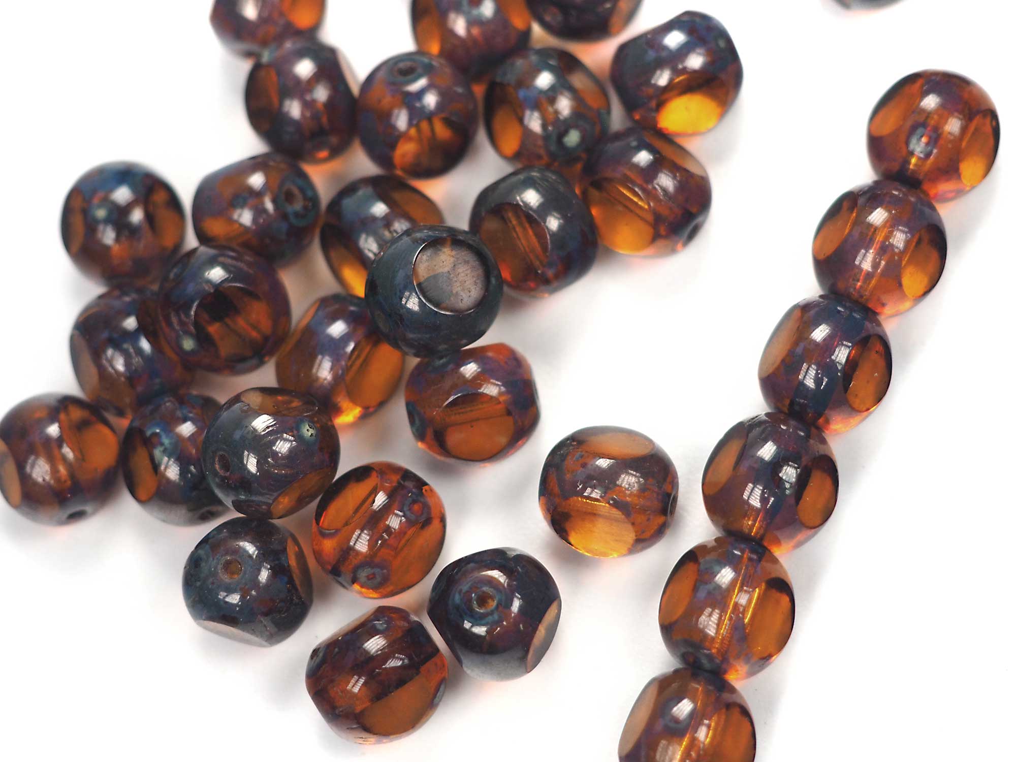 Czech Glass 3-Cut Round Window Beads (Soccer Ball Bead) Art. 151-19501 in size 10mm, Light Brown Picasso coating, 24pcs, P883