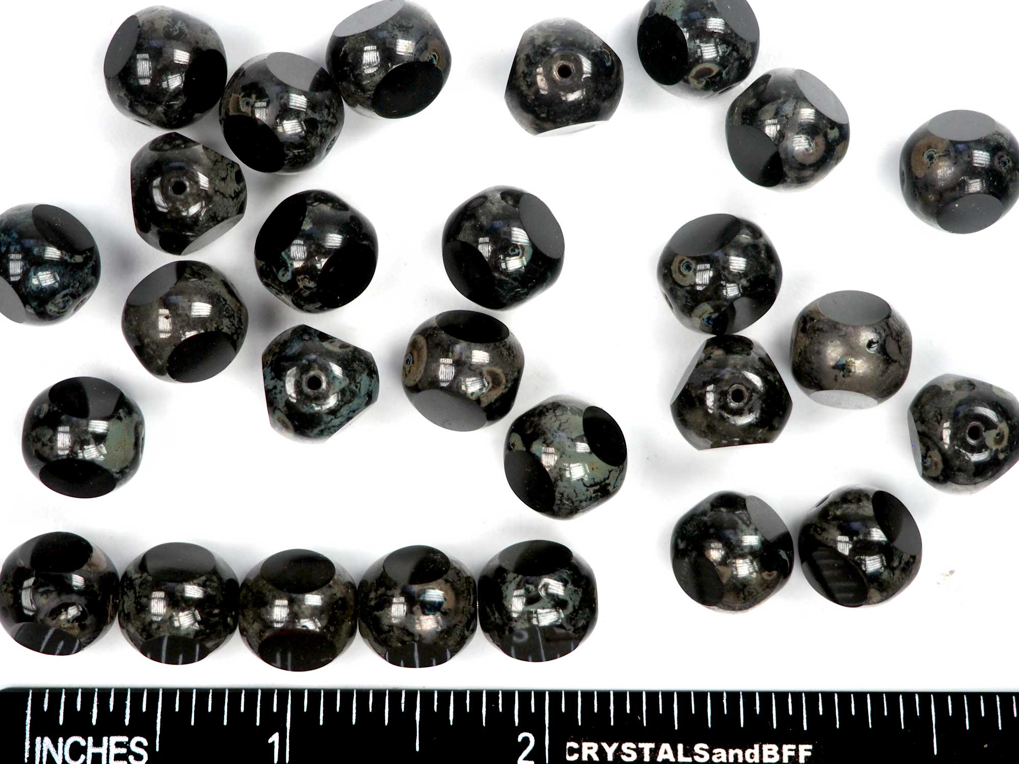 Czech Glass 3-Cut Round Window Beads (Soccer Ball Bead) Art. 151-19501 in size 12mm, Jet black with Picasso coating, 12pcs, P884