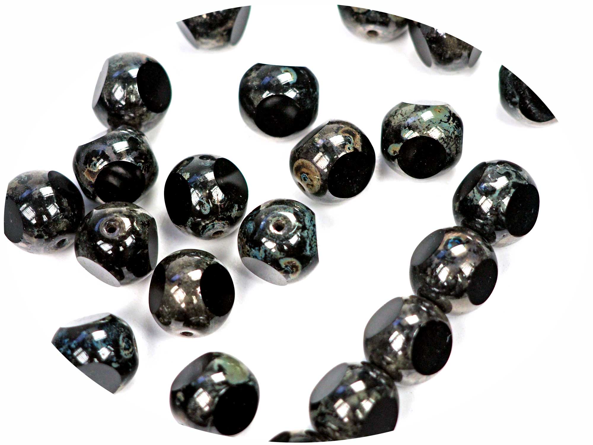 Czech Glass 3-Cut Round Window Beads (Soccer Ball Bead) Art. 151-19501 in size 12mm, Jet black with Picasso coating, 12pcs, P884