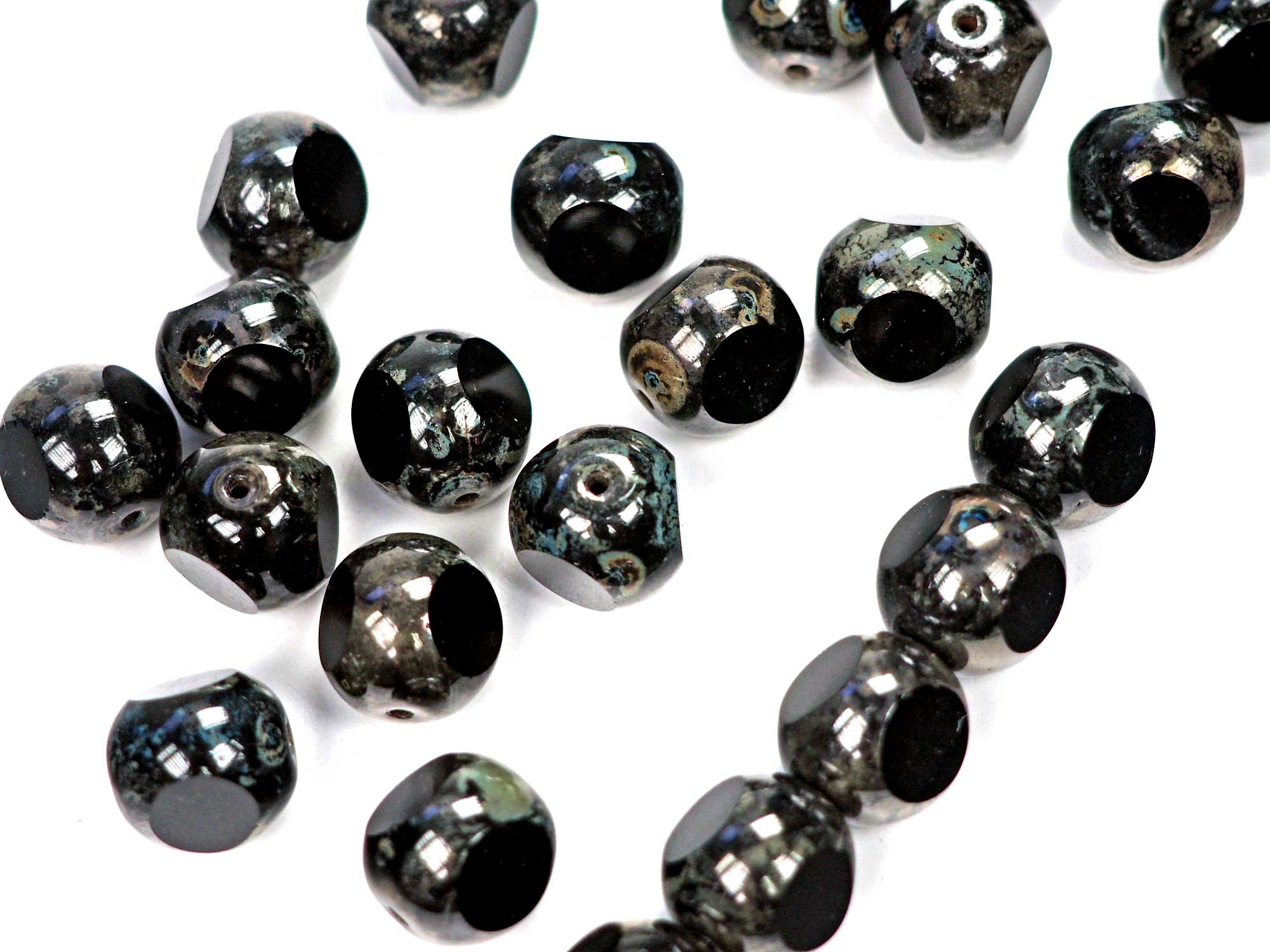 Czech Glass 3-Cut Round Window Beads (Soccer Ball Bead) Art. 151-19501 in size 12mm, Jet black with Picasso coating, 12pcs, P884