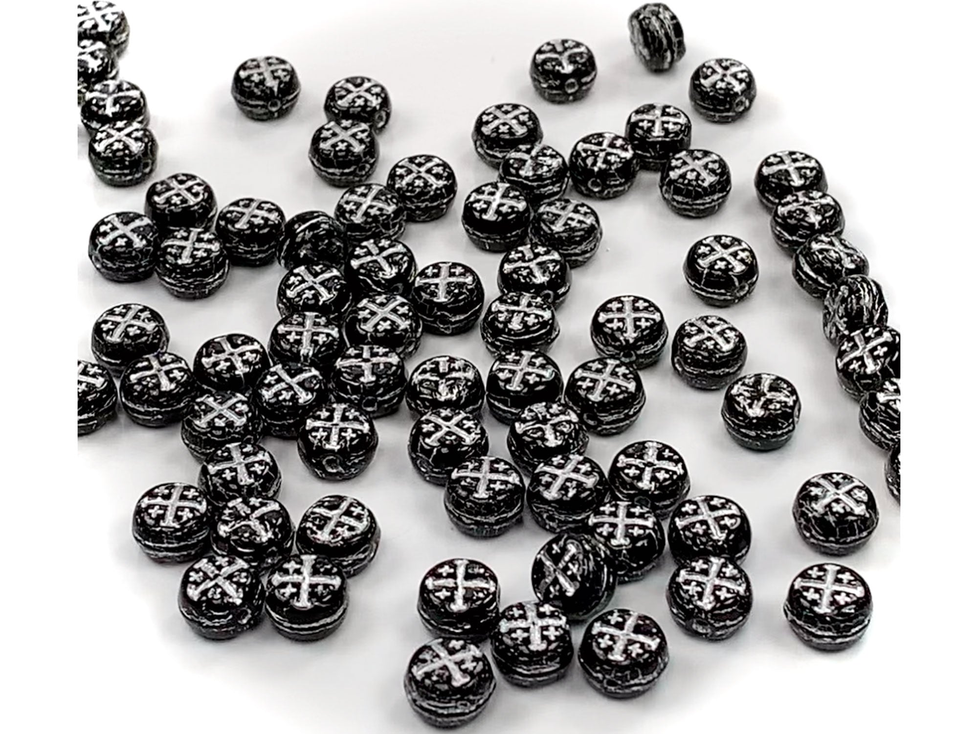 Czech Glass Druk Beads in size 7x5mm, Jet Black with Silver Painted Cross, 30pcs, P897