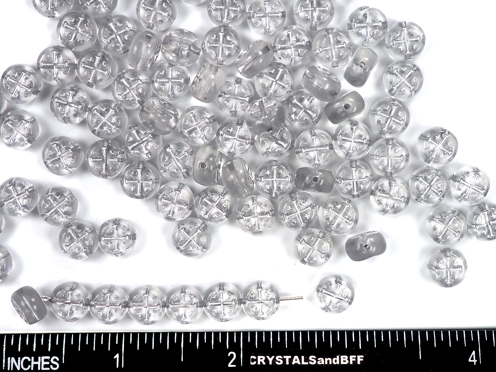 Czech Glass Druk Beads in size 8x5mm, Clear Crystal with Silver Painted Cross, 24pcs, P898