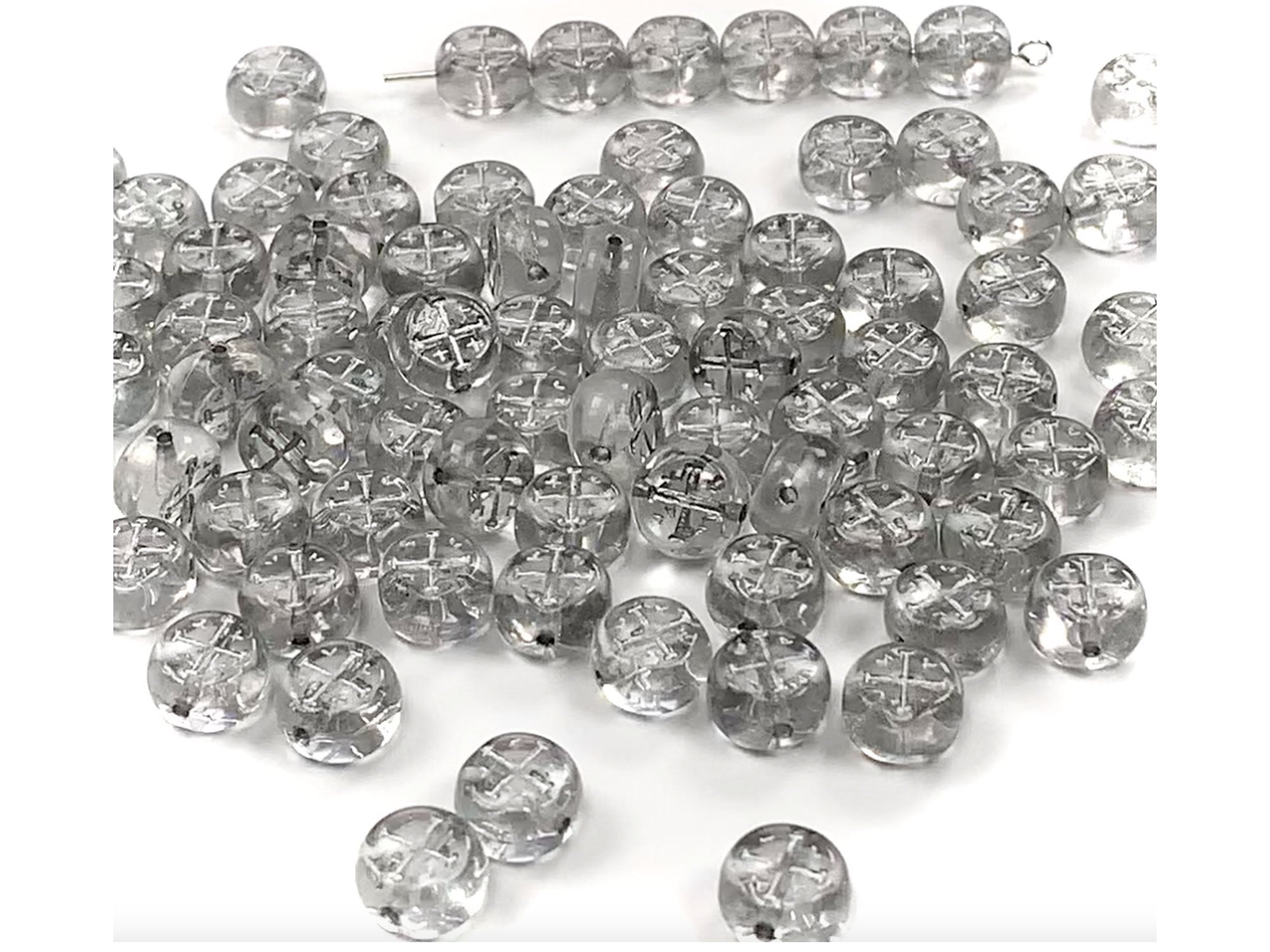 Czech Glass Druk Beads in size 8x5mm, Clear Crystal with Silver Painted Cross, 24pcs, P898