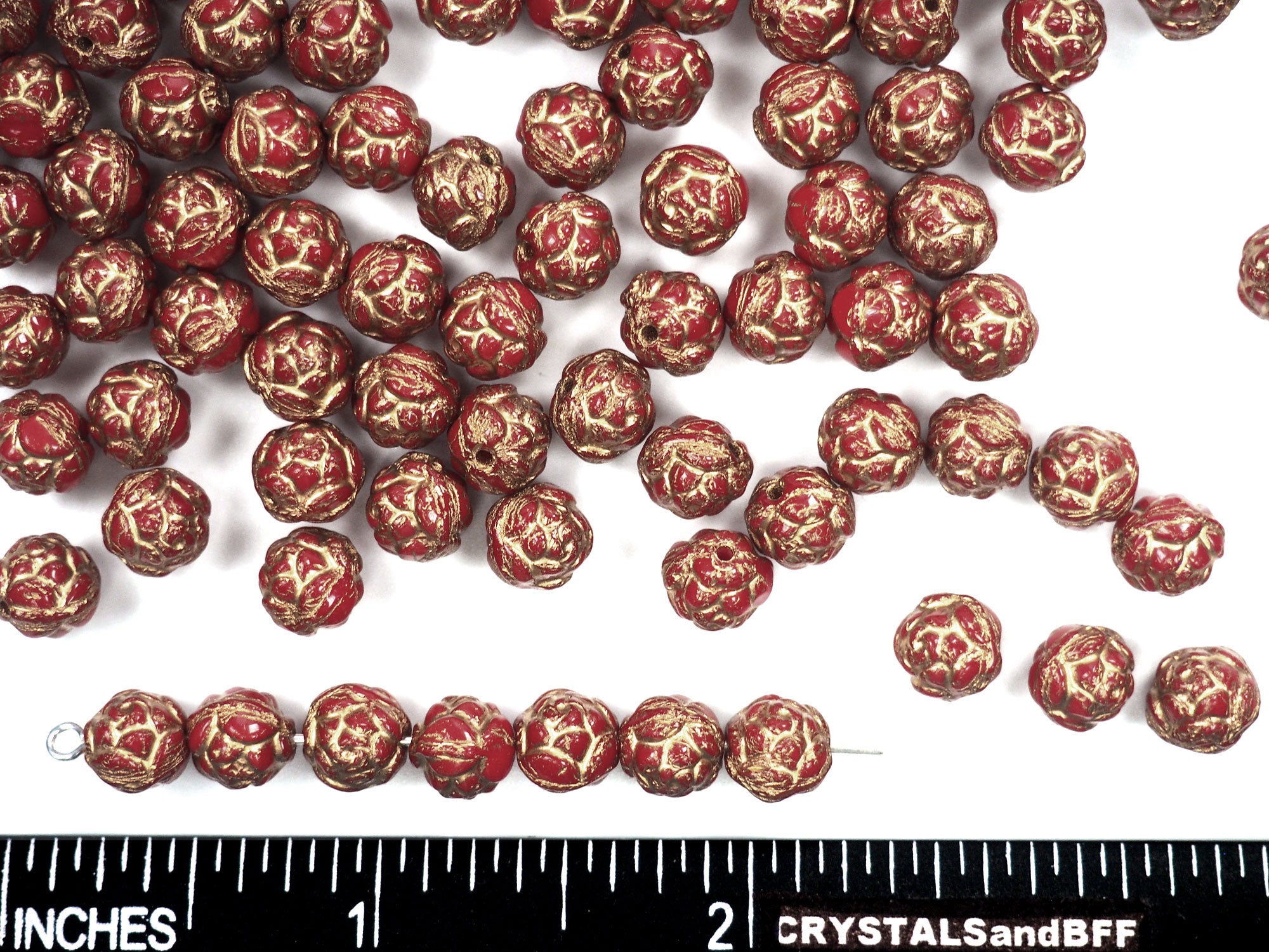 Czech Glass Druk Beads in size 7mm, Rose Bead, Rich Red color with Gold Painted Rose, 30pcs, P900