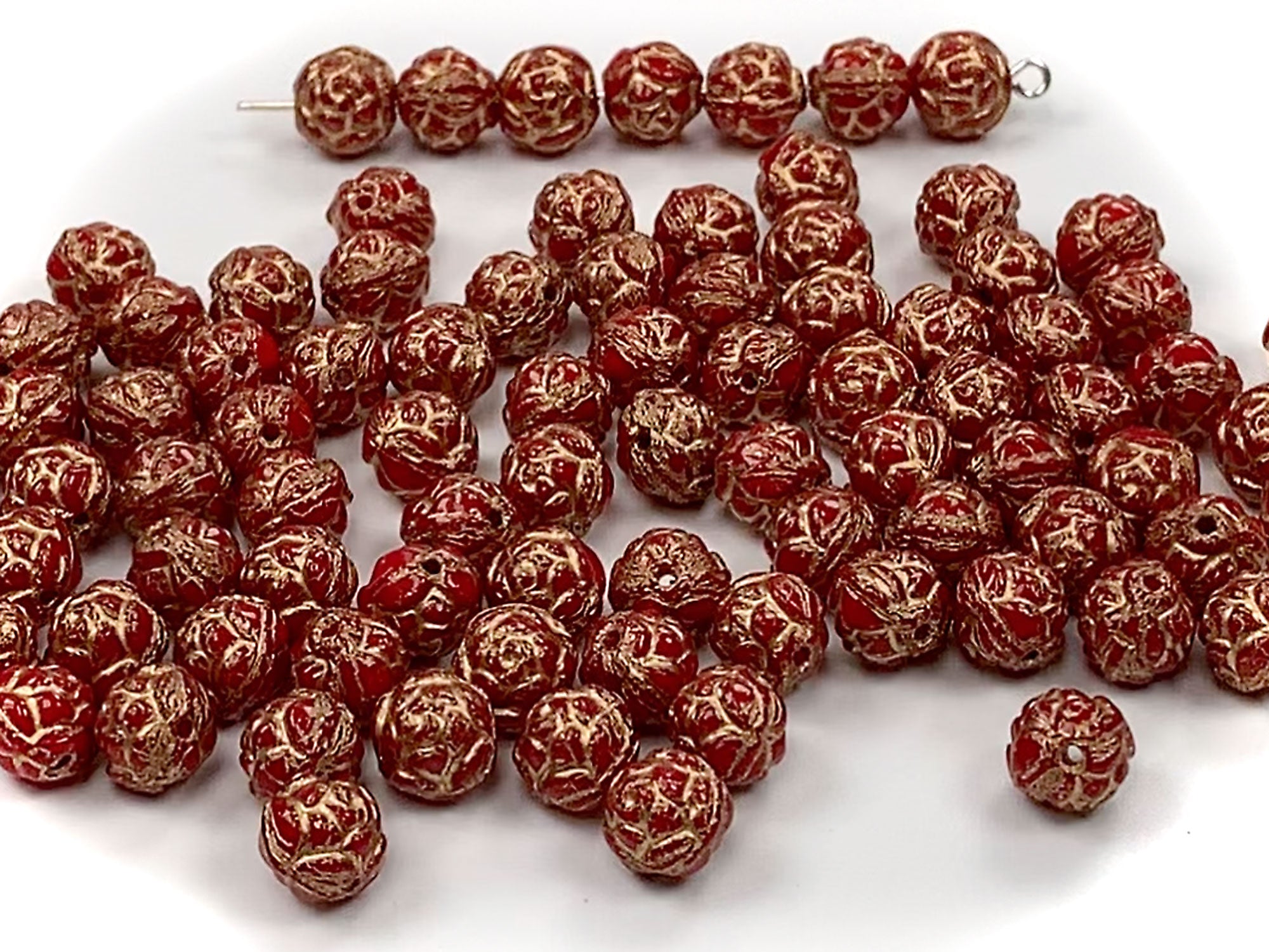 Czech Glass Druk Beads in size 7mm, Rose Bead, Rich Red color with Gold Painted Rose, 30pcs, P900