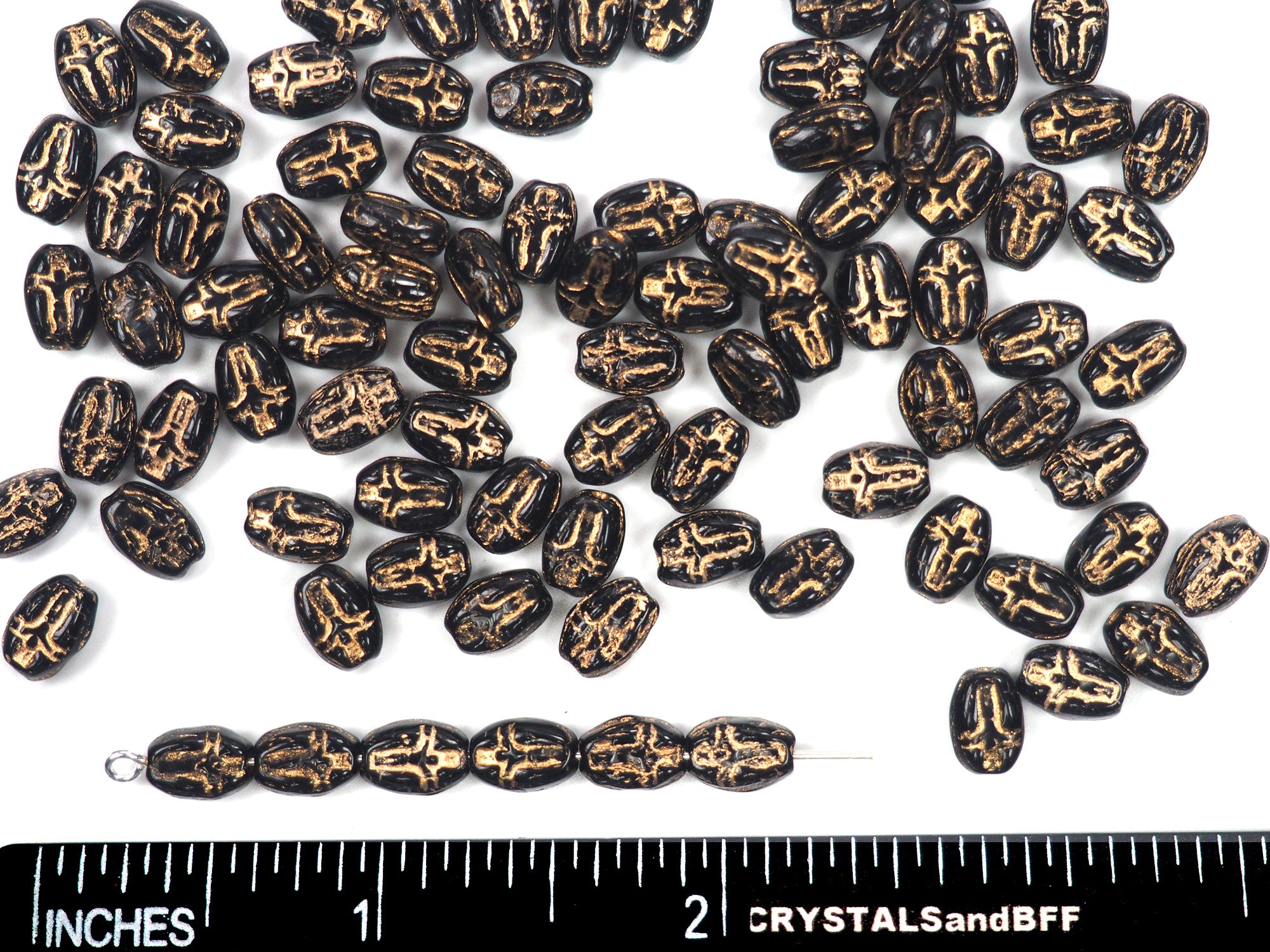 Czech Glass Druk Beads in size 8x5mm, Jet Black color with Gold Painted Cross, 40pcs, P901