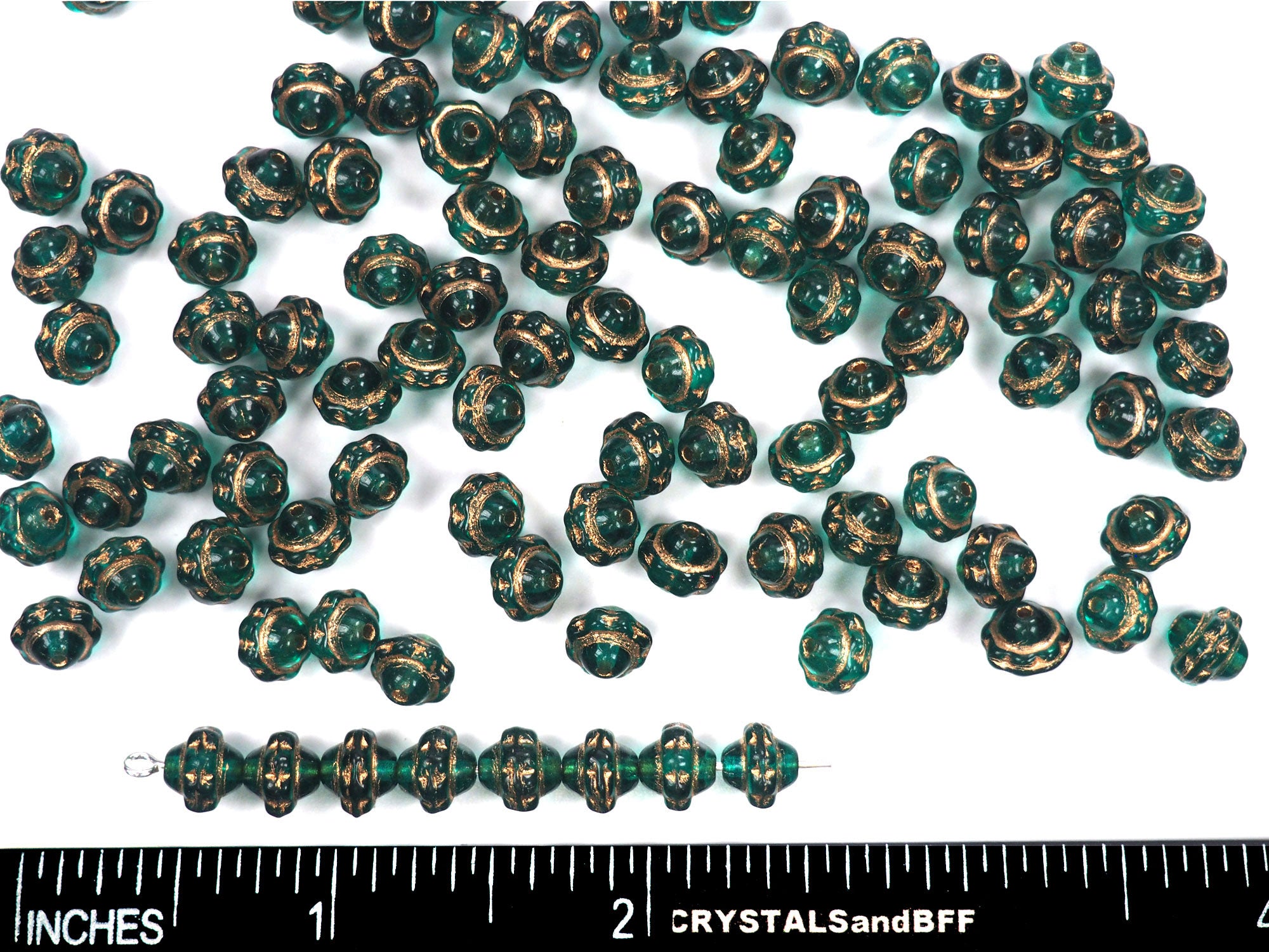 Czech Glass Druk Spinner Beads in size 7mm, Emerald Green color Gold Painted, 50pcs, P903