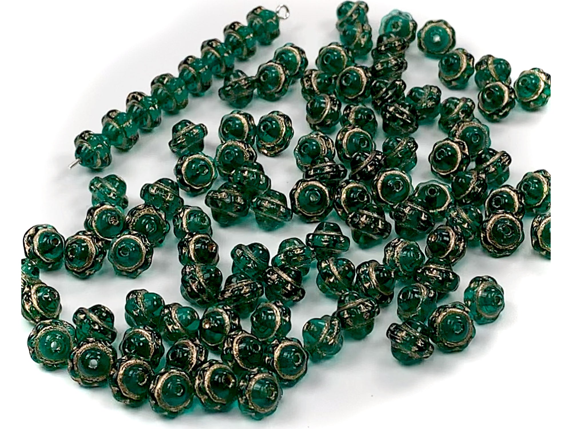 Czech Glass Druk Spinner Beads in size 7mm, Emerald Green color Gold Painted, 50pcs, P903