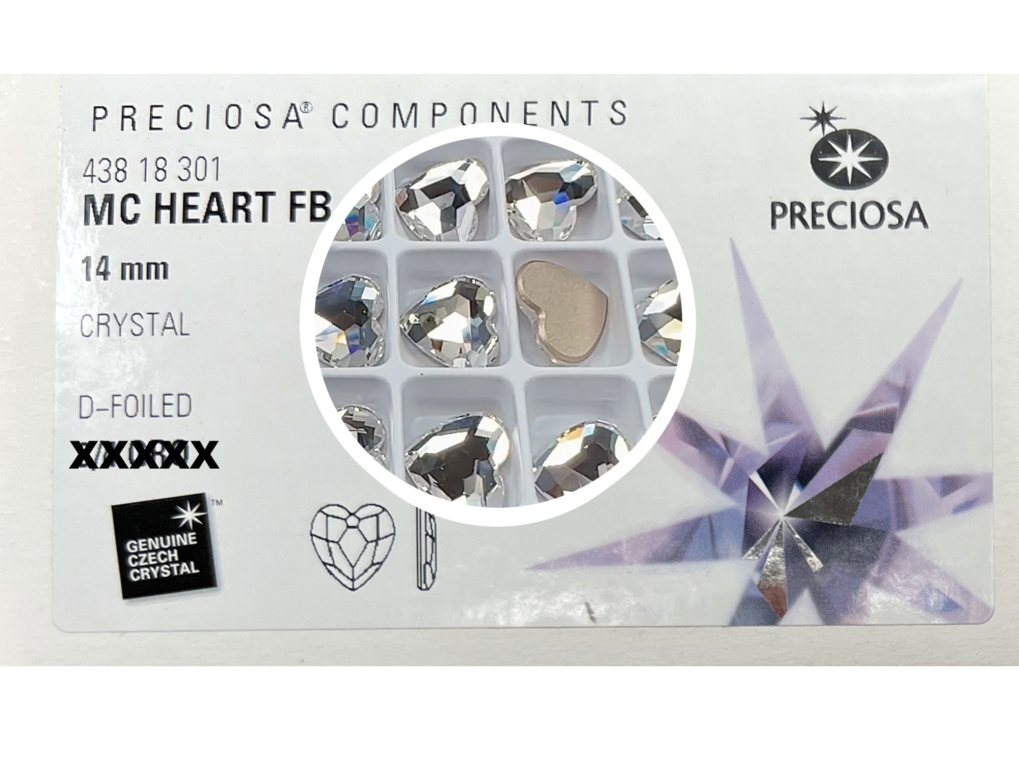 Crystal clear, Preciosa Czech MC HEART Maxima Flatback Stones Style #438-18-301 D-Silver Foiled, size 14mm, 6pcs, P906