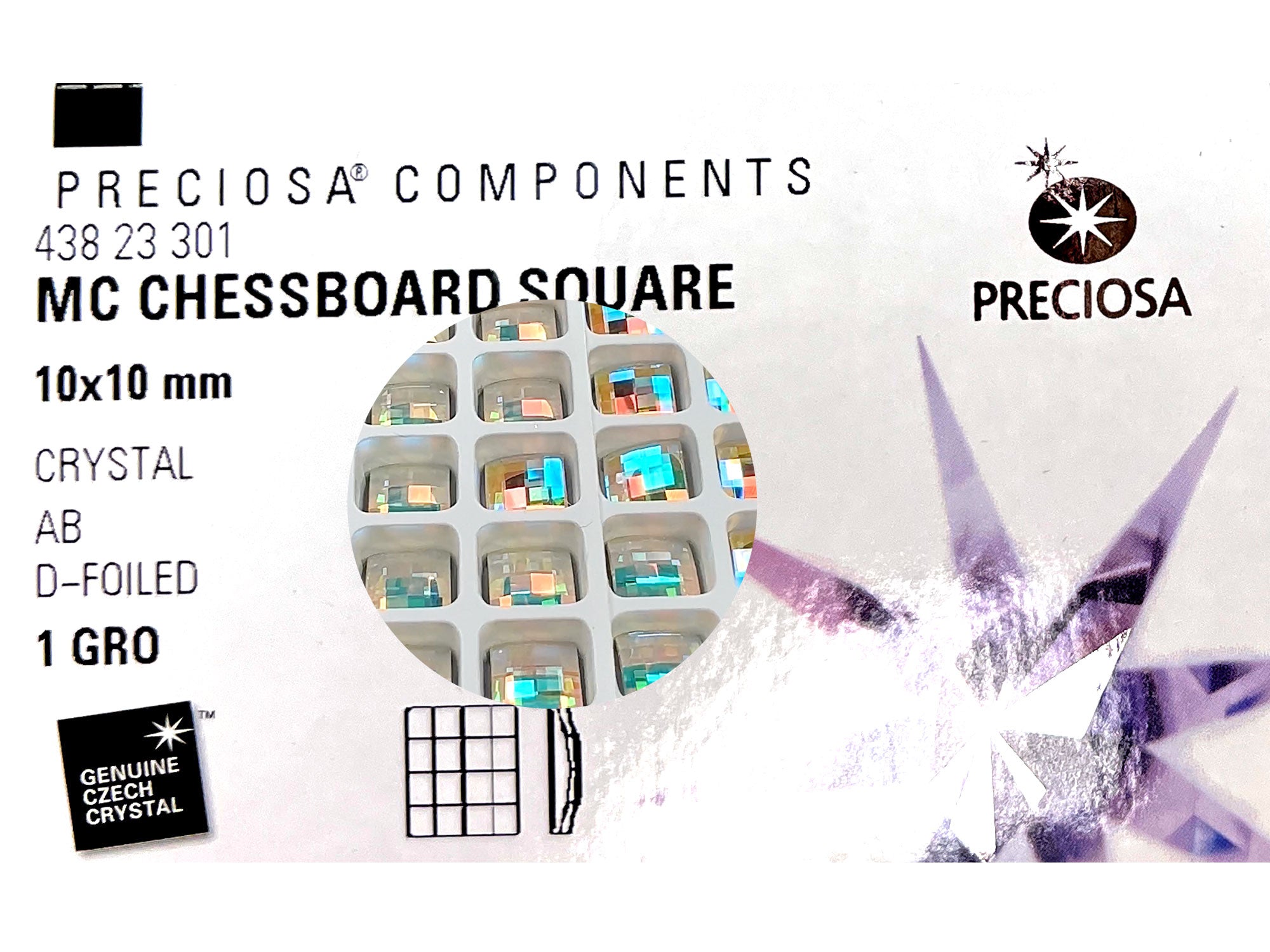 Crystal AB, Preciosa Czech MC Chessboard SQUARE Maxima Flatback Stones Style #438-23-301 Silver Foiled, sizes 8x8mm, 10x10mm, 12x12mm 12 pieces