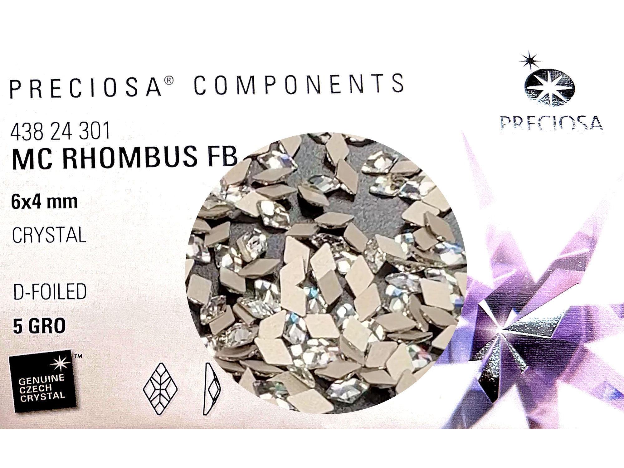 Crystal , Preciosa Czech MC Rhombus Flatback Stones Style #438-24-301 Silver Foiled, size 6x4mm, 24 pieces, P909