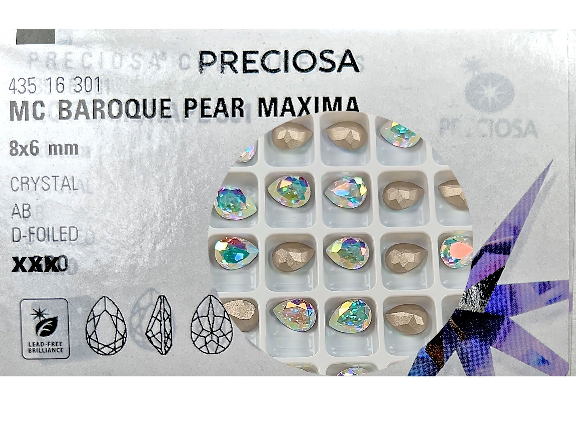 Crystal AB, Preciosa Czech MC Baroque Pearshape Maxima Rhinestones style 435-16-301 in size 8x6mm, 12 pieces, Silver Foiled, P912