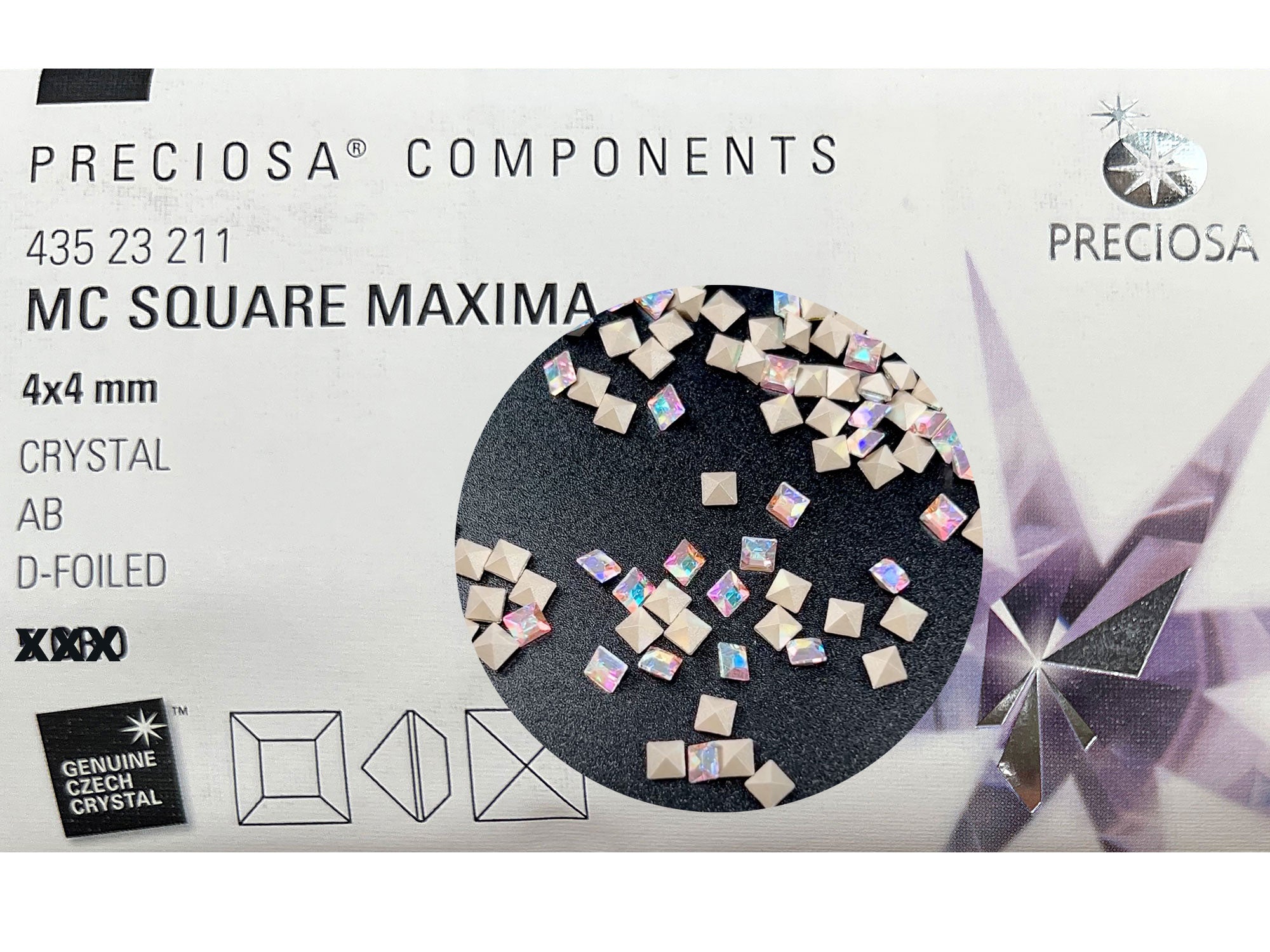 Crystal AB, Preciosa Czech MC SQUARE Maxima Rhinestones style 435-23-211 in size 4x4mm, 72 pieces, Silver Foiled, P914