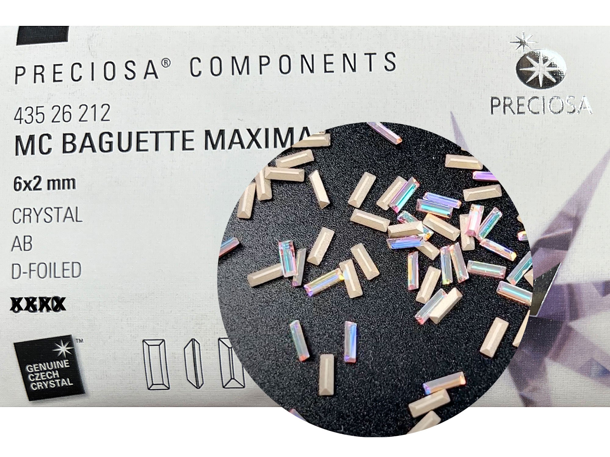 Crystal AB, Preciosa Czech MC BAGUETTE Maxima Rhinestones style 435-26-212 in size 6x2mm, 36 pieces, Silver Foiled, P920