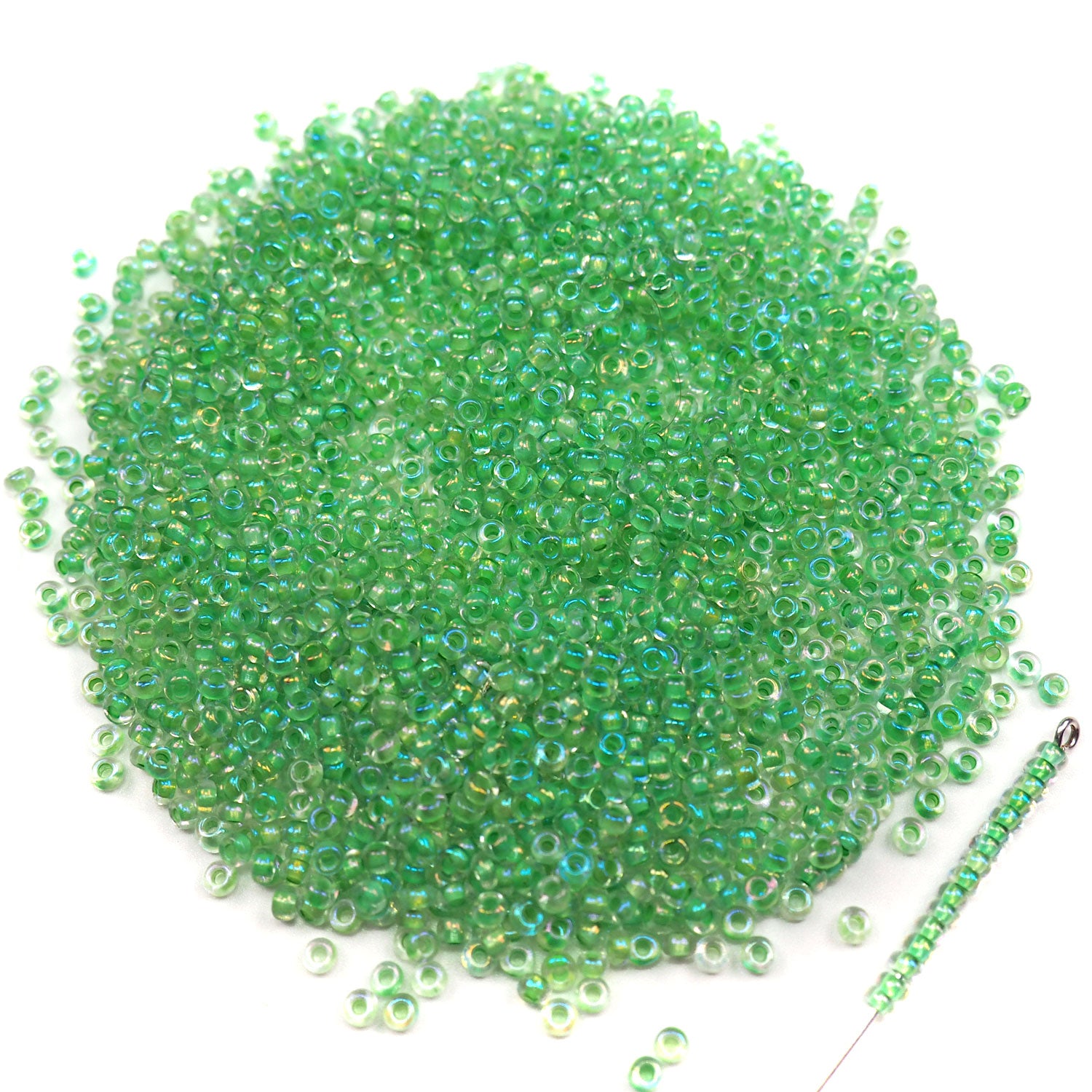 Rocailles size 9/0 (2.6mm) Light Green Rainbow Lined, Preciosa Ornela Traditional Czech Glass Seed Beads, 30grams (1 oz), P924