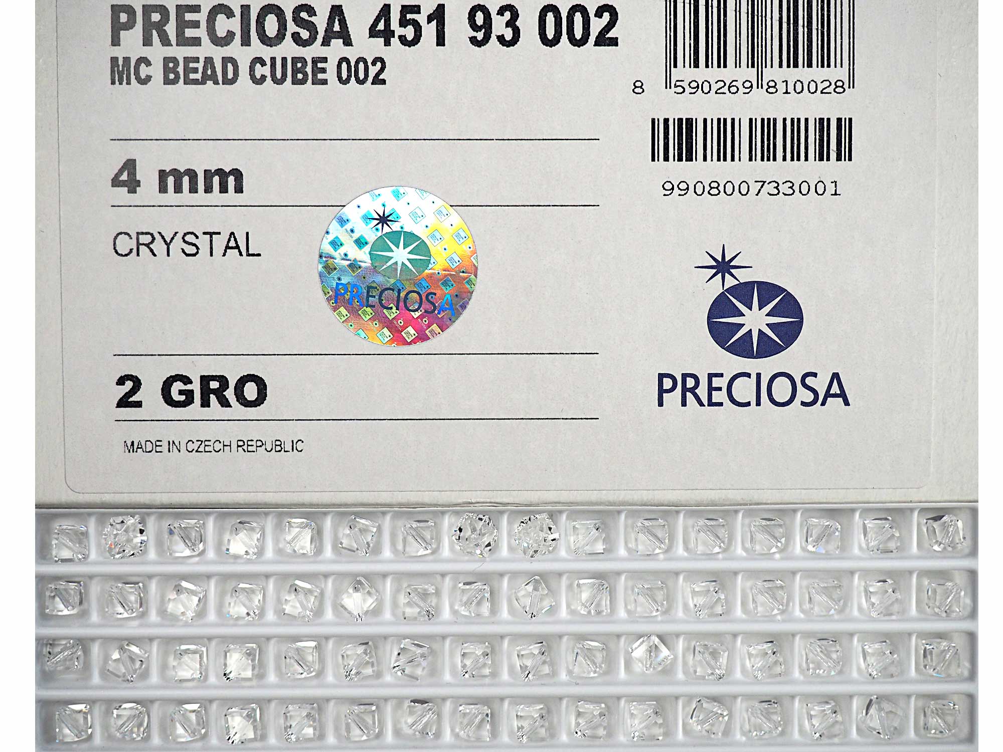 Crystal clear, Preciosa Czech Machine Cut Diagonal Cube #002 Crystal Beads, size 4mm, 24 pieces