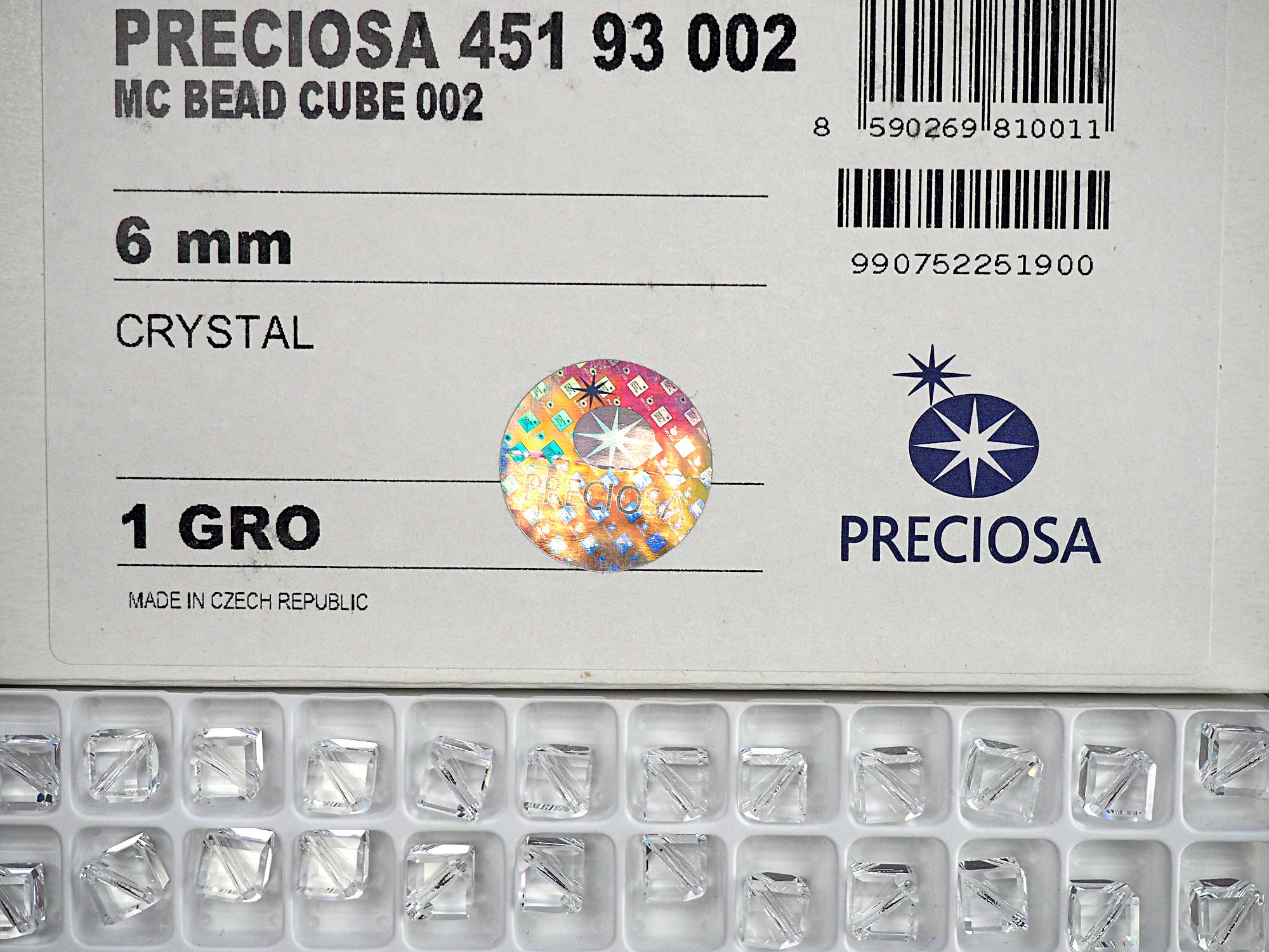 Crystal clear, Preciosa Czech Machine Cut Diagonal Cube #002 Crystal Beads, size 6mm, 12 pieces