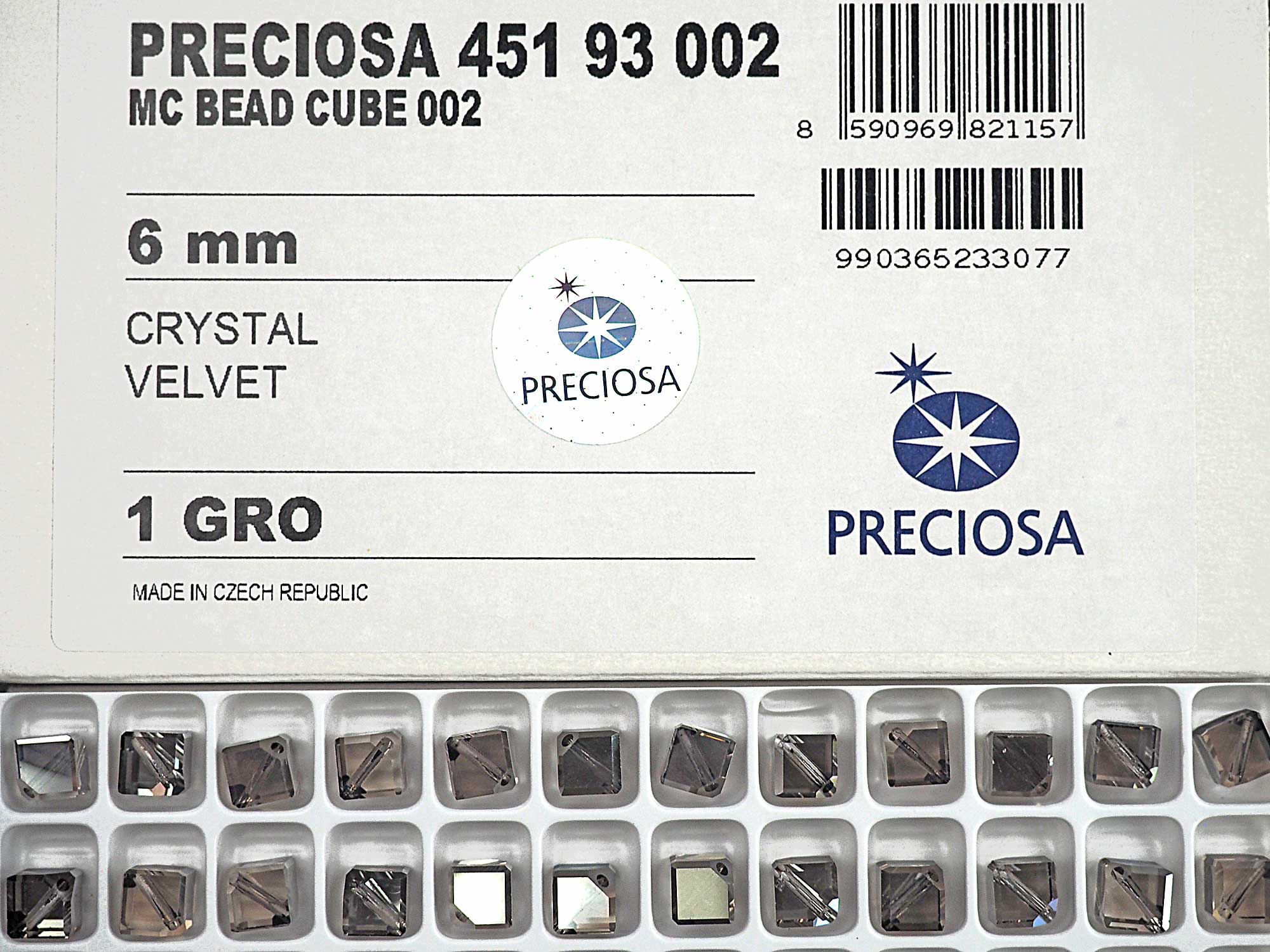Crystal Velvet coated, Preciosa Czech Machine Cut Diagonal Cube #002 Crystal Beads, size 6mm, 12 pieces