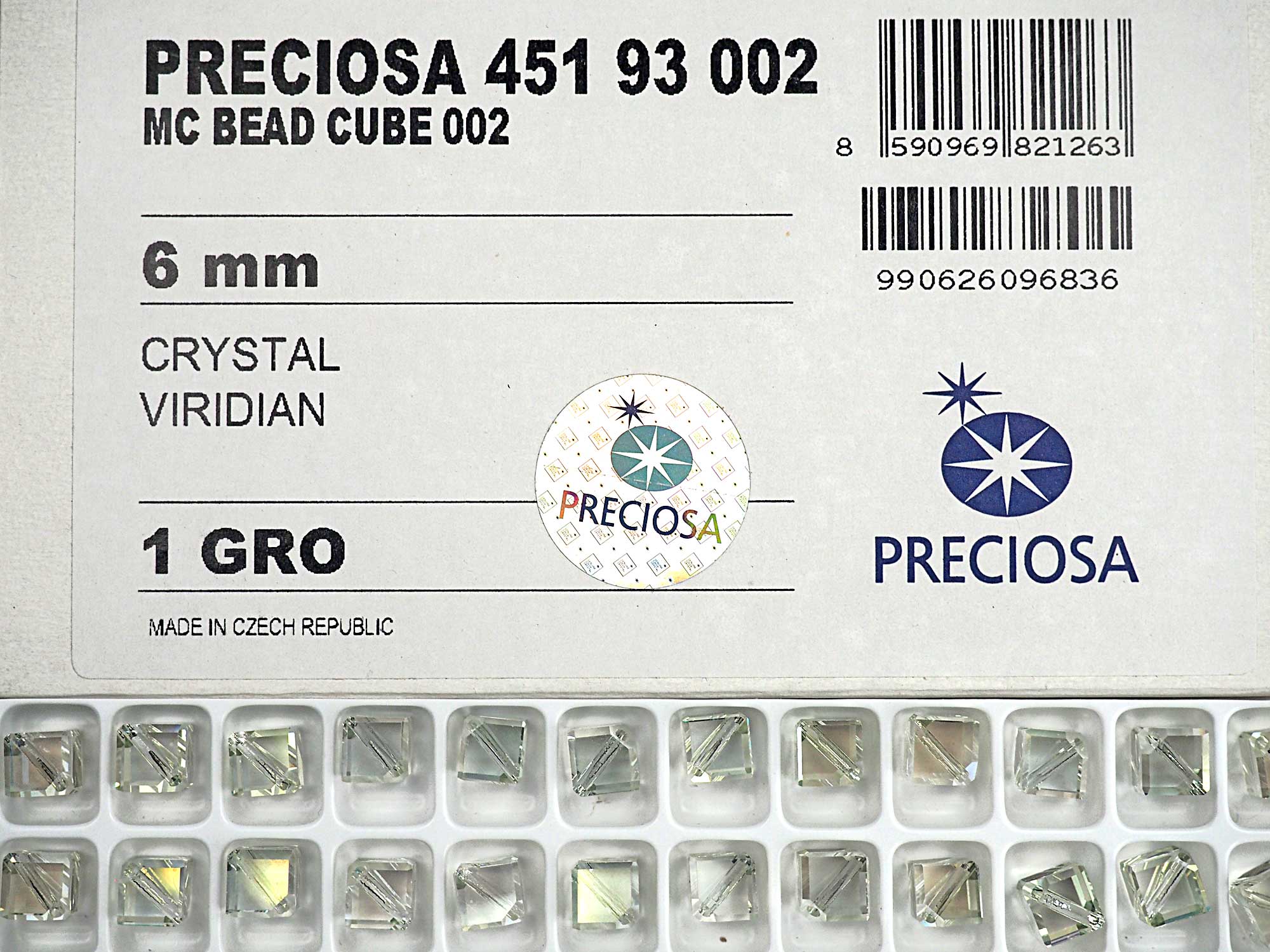 Crystal Viridian coated, Preciosa Czech Machine Cut Diagonal Cube #002 Crystal Beads, size 6mm, 12 pieces