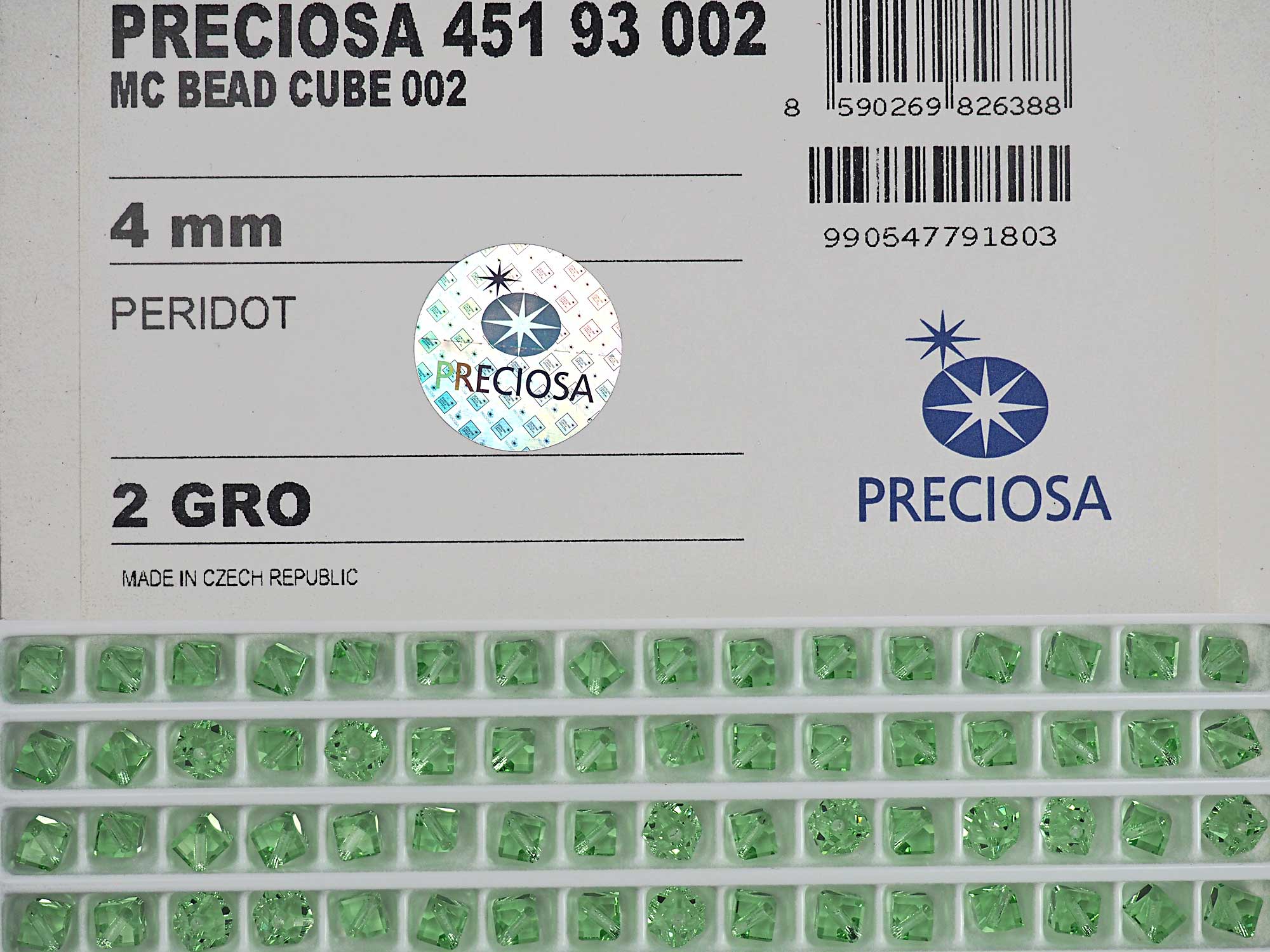 Peridot, Preciosa Czech Machine Cut Diagonal Cube #002 Crystal Beads, size 4mm, 24 pieces