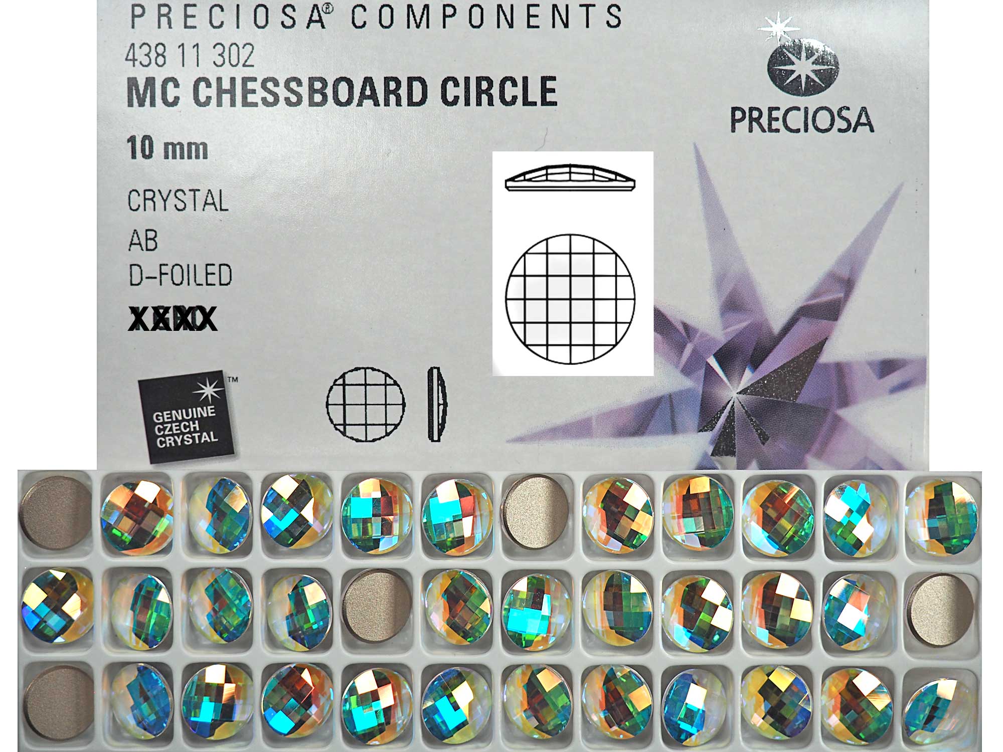 Crystal AB, Preciosa Czech MC Chessboard CIRCLE Maxima Flatback Stones Style #438-11-302 Silver Foiled, sizes 10mm, 14mm, 20mm