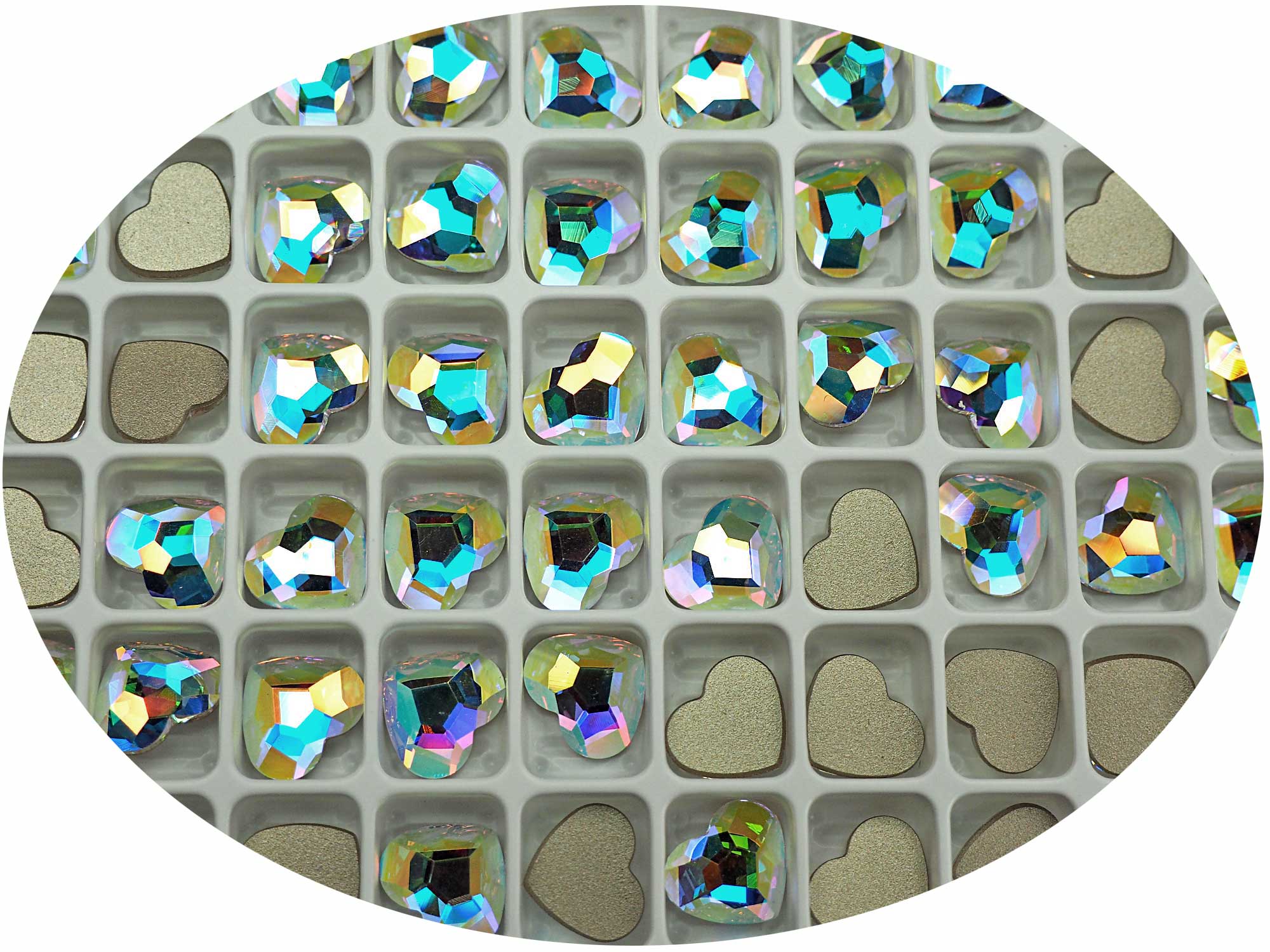 Crystal AB, Preciosa Czech MC Love HEART Maxima Flatback Stones Style #438-18-301 Silver Foiled, sizes 10mm and 14mm