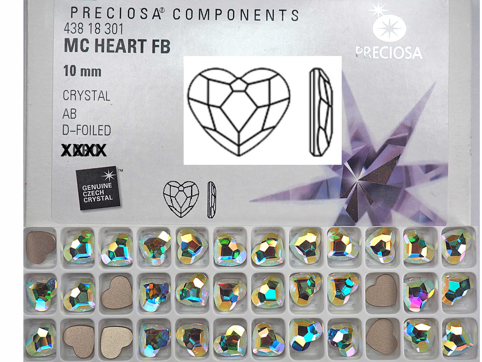 Crystal AB, Preciosa Czech MC Love HEART Maxima Flatback Stones Style #438-18-301 Silver Foiled, sizes 10mm and 14mm